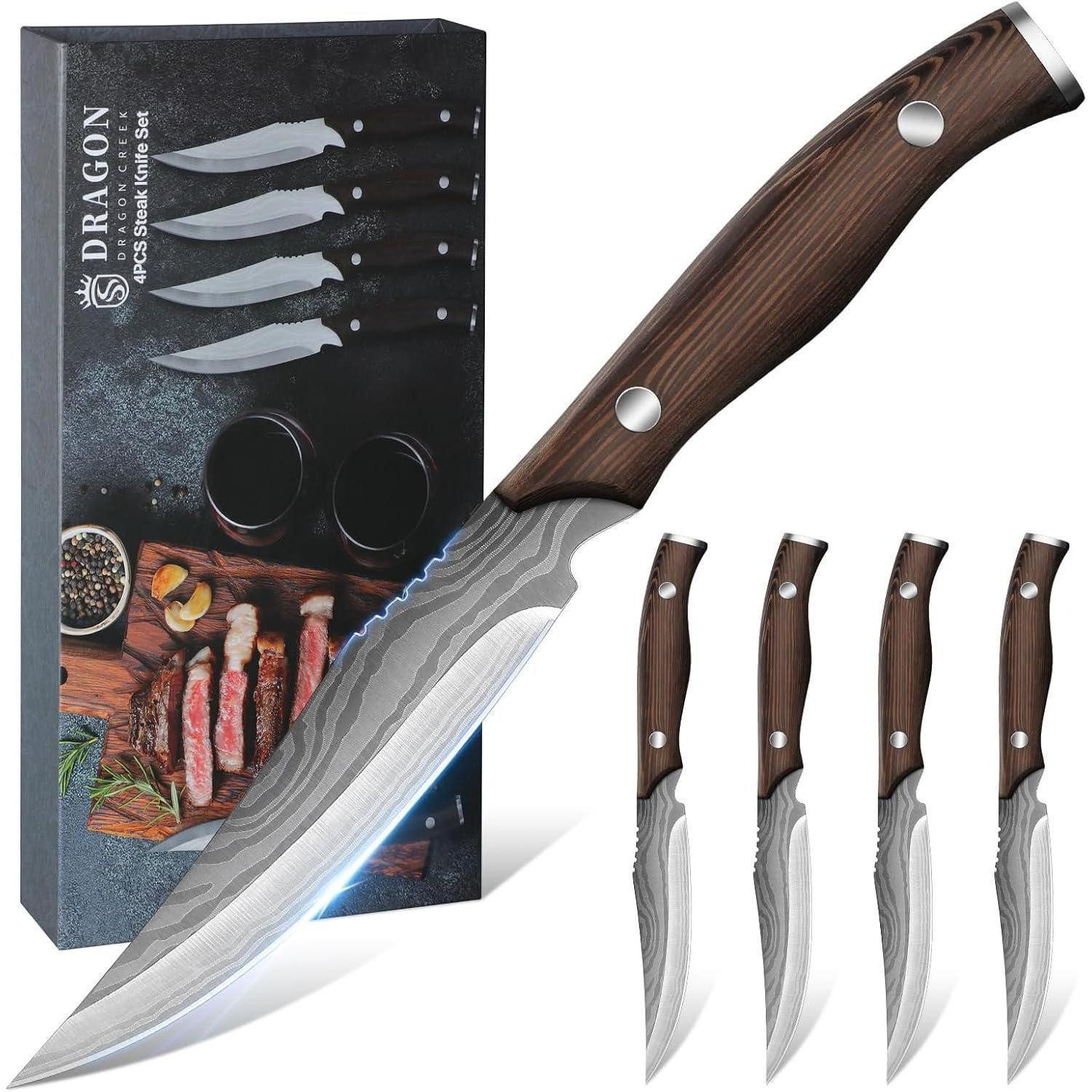 LuxusKollektion Steakmesser Hochwertiges Steakmesser Set 4-teilig Holzgriff Messer Set Geschenkbox