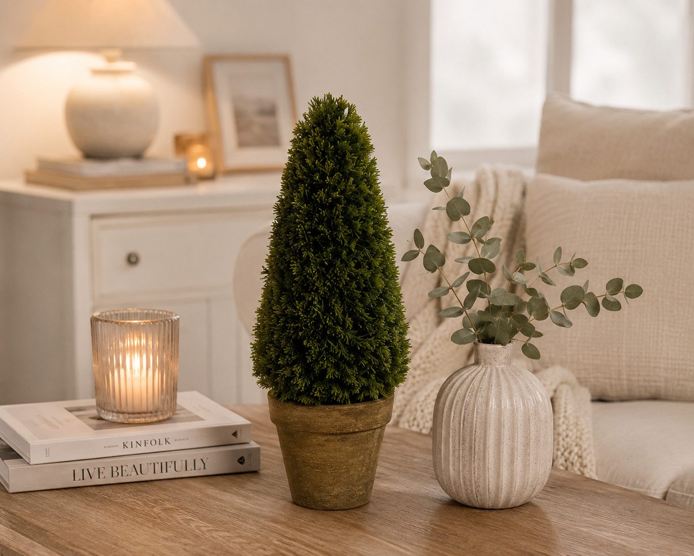 finehomegarden Dekobaum BuchsBaum Pyramide im Terratopf ArtificialNature grün künstlich (1 St), Ø15cm H36cm für Home Wohnzimmer Balkon Garten Außendekoration