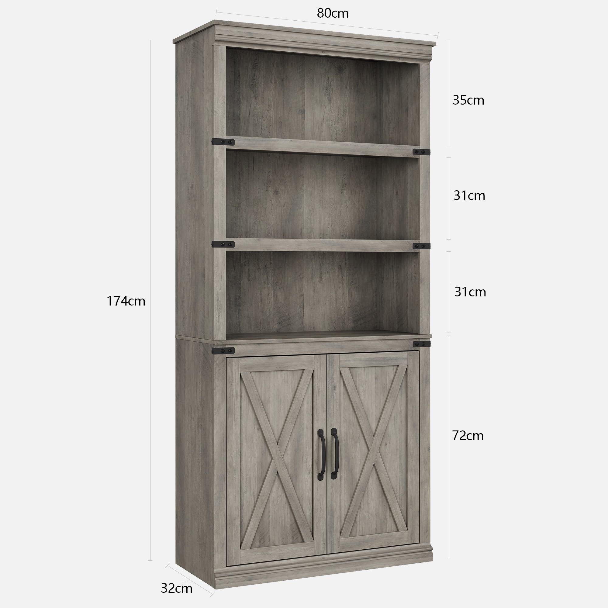 GarveeMore Bücherregal Klassisches MDF-Standregal Ablageregal Mehrzweckregal mit 2 Türen, Regal für Wohnzimmer Büro oder Schlafzimmer 174 cm hoch 80/32 cm breit