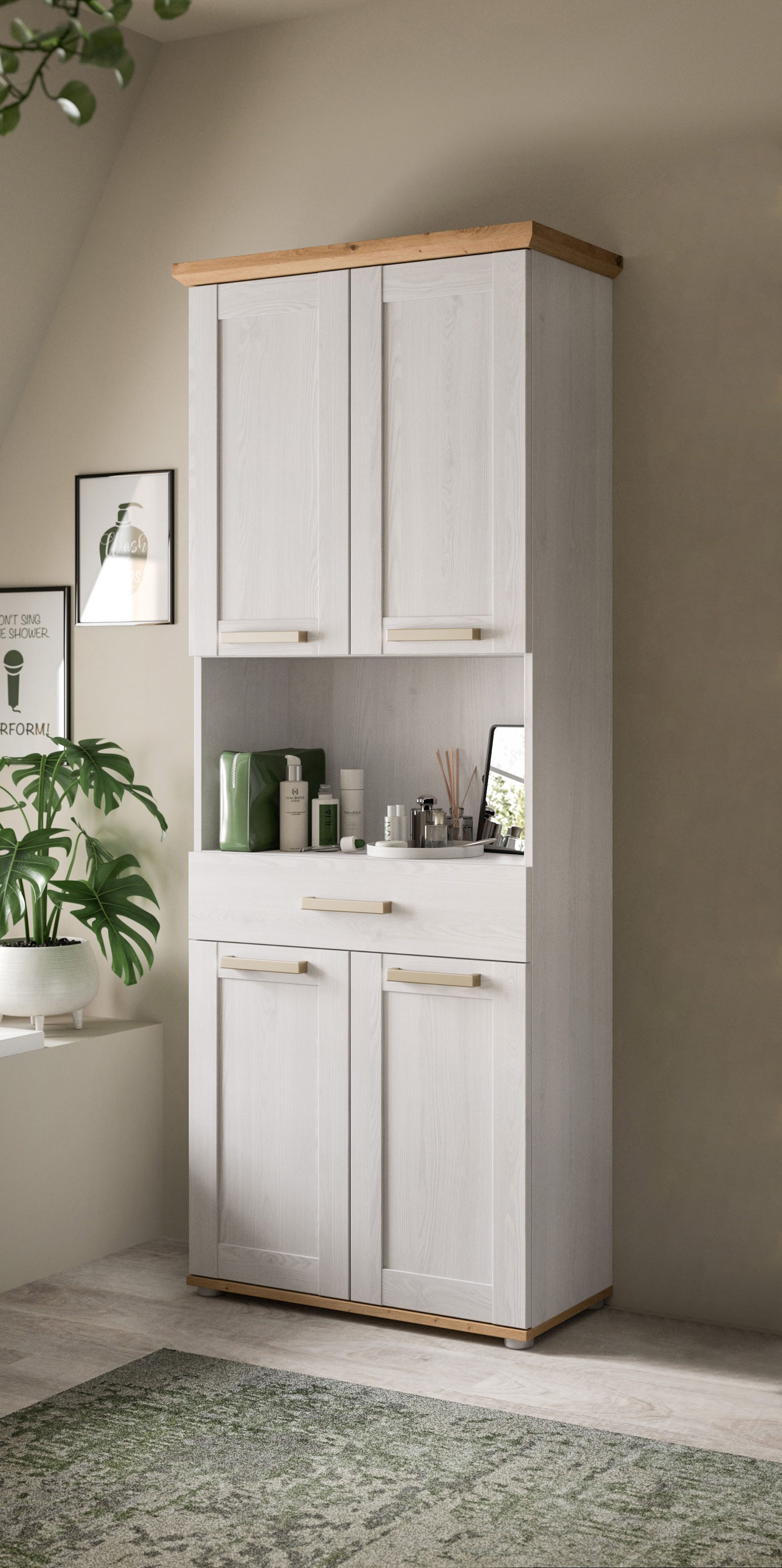 welltime Hochschrank COSENZA, Höhe 187cm, 4 Türen, 1 Schubkasten, 1 offenes Fach (1-St., in Landhausoptik, mit weiteren Artikel der Serie kombinierbar) Hochschrank, Bad, Badezimmerschrank