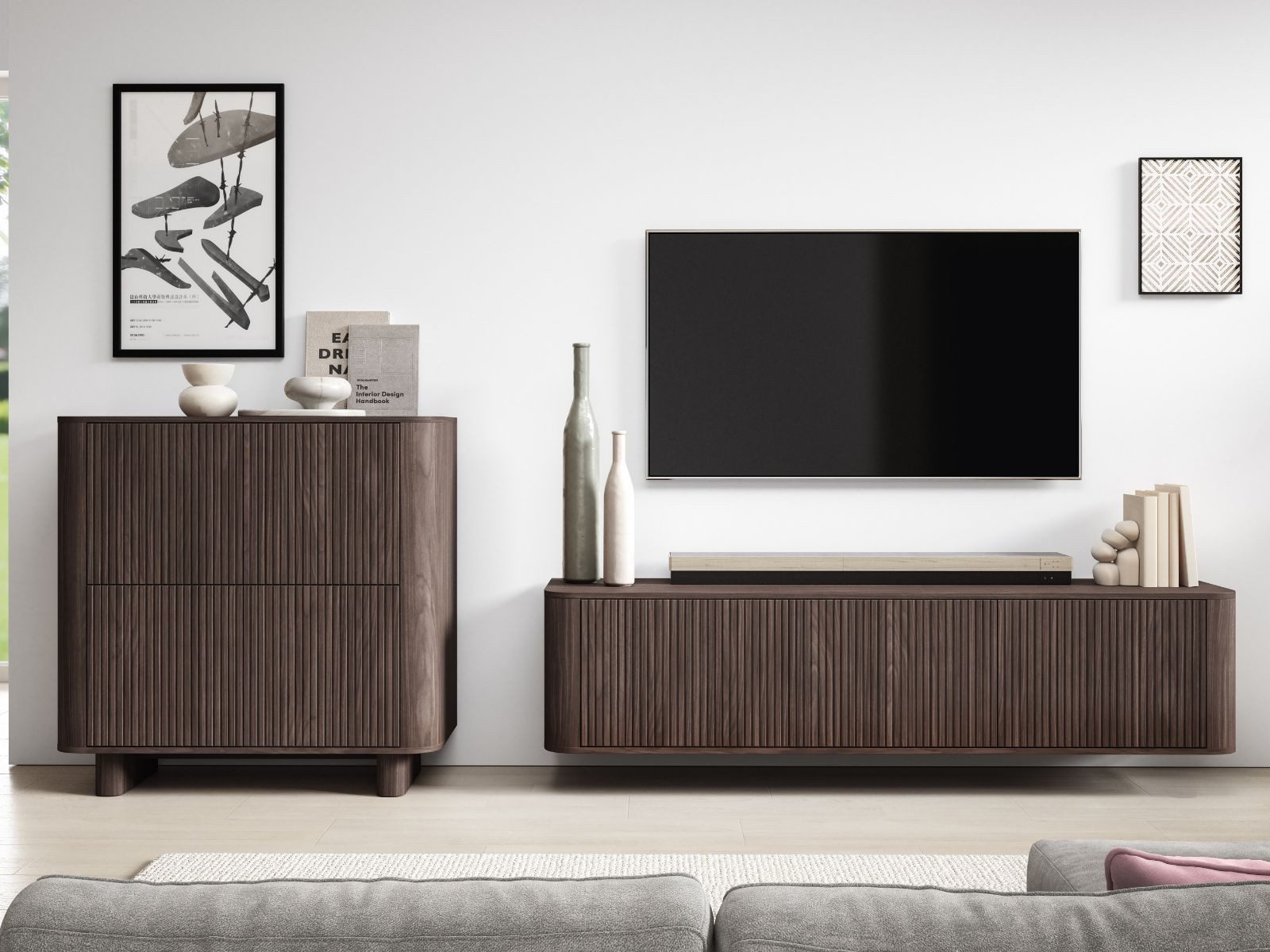 Compleo Kommode mit 4 Türen, Nussbaum oder Kaschmir, Elegant design, Sideboard mit Lamellen, Push to open Funktion, MADE IN EU