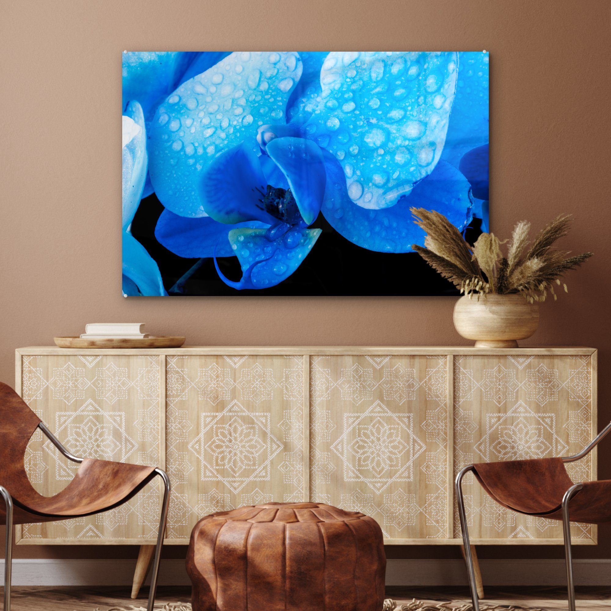 Acrylglasbilder Wohnzimmer & St), Wassertropfen, Orchidee (1 Schlafzimmer blauen Acrylglasbild mit einer Nahaufnahme MuchoWow