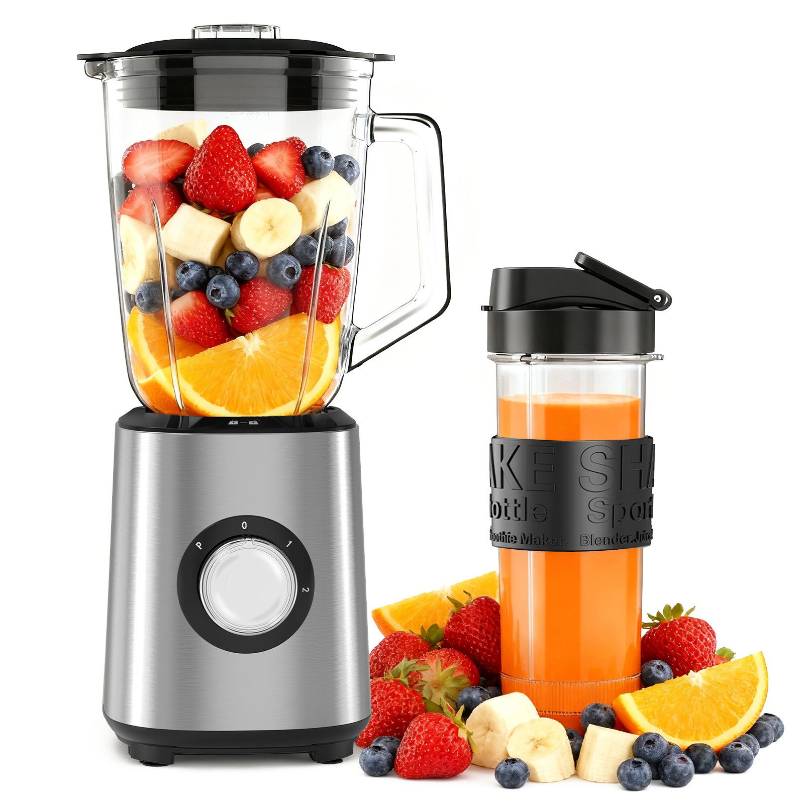 Fofile Настольные миксеры PB107 700W Smoothie Maker 1,5L Glasbehälter mit 570ml Sportflasche, 700 W, 24.000 U/min 3D-Vierklingen-System 3 Einstellbare Geschwindigkeiten
