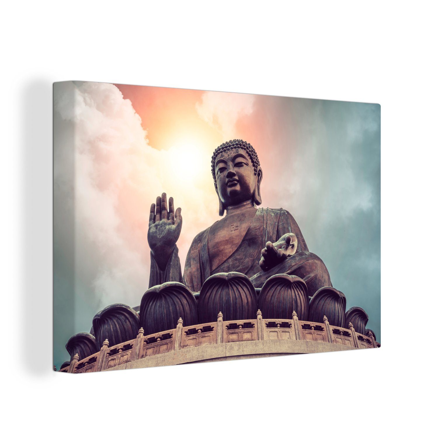 OneMillionCanvasses® Leinwandbild Prachtvolle Farben am Himmel über dem Tian Tan Buddha, (1 St), Wandbild Leinwandbilder, Aufhängefertig, Wanddeko, 30x20 cm