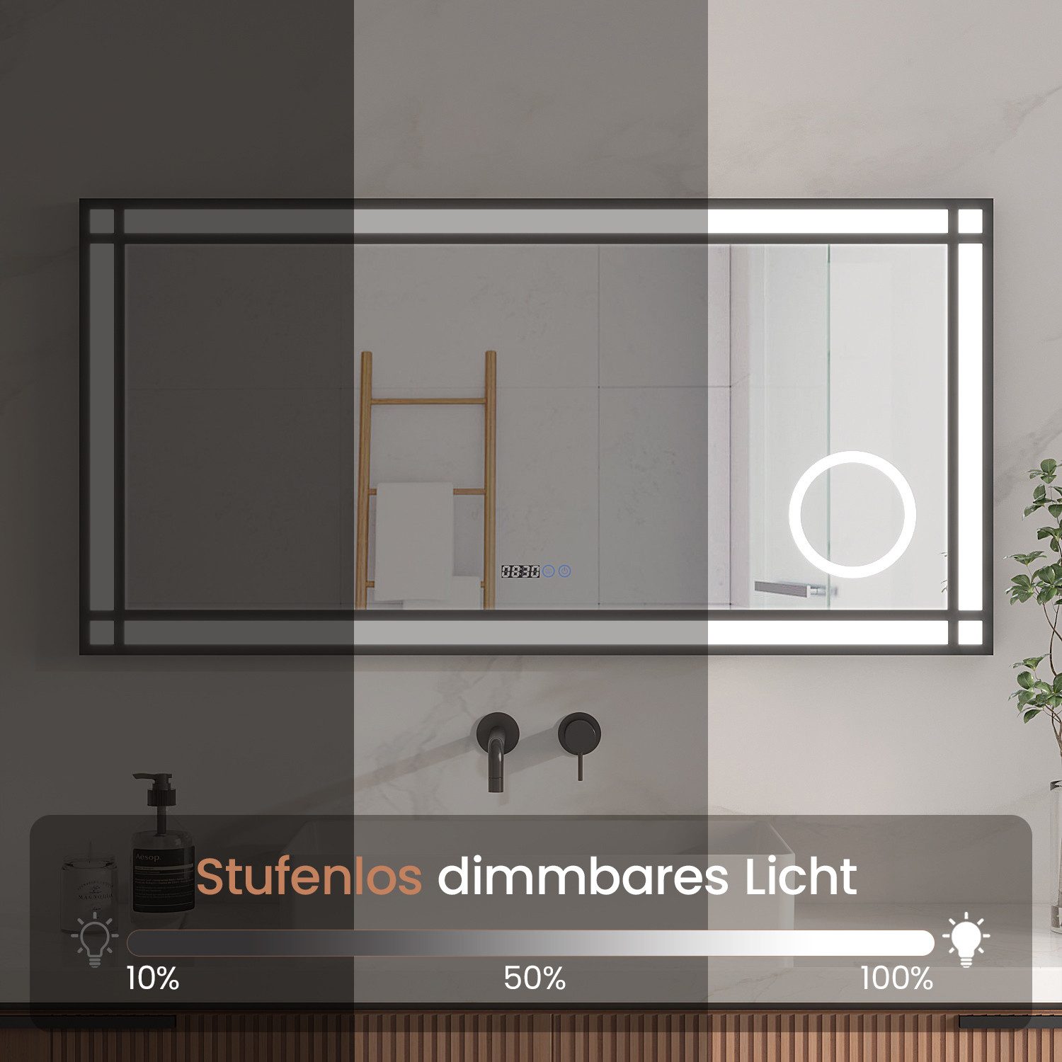 AQUALAVOS Badspiegel LED Badspiegel 120x60cm mit 3X Vergrößerung Schminkspiegel Digitaluhr, Beschlagfrei Wandmontage inkl. leicht verständlicher Montageanleitun – Bild 2 von 5