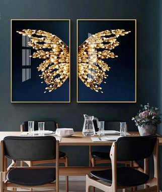 TPFLiving Kunstdruck (OHNE RAHMEN) Poster - Leinwand - Wandbild, Nordic Art - Goldener Schmetterling / Goldene Flügel - (8 verschiedene Größen zur Auswahl - Bilder Wohnzimmer), Farben: Gold, Blau - Größe: 21x30cm