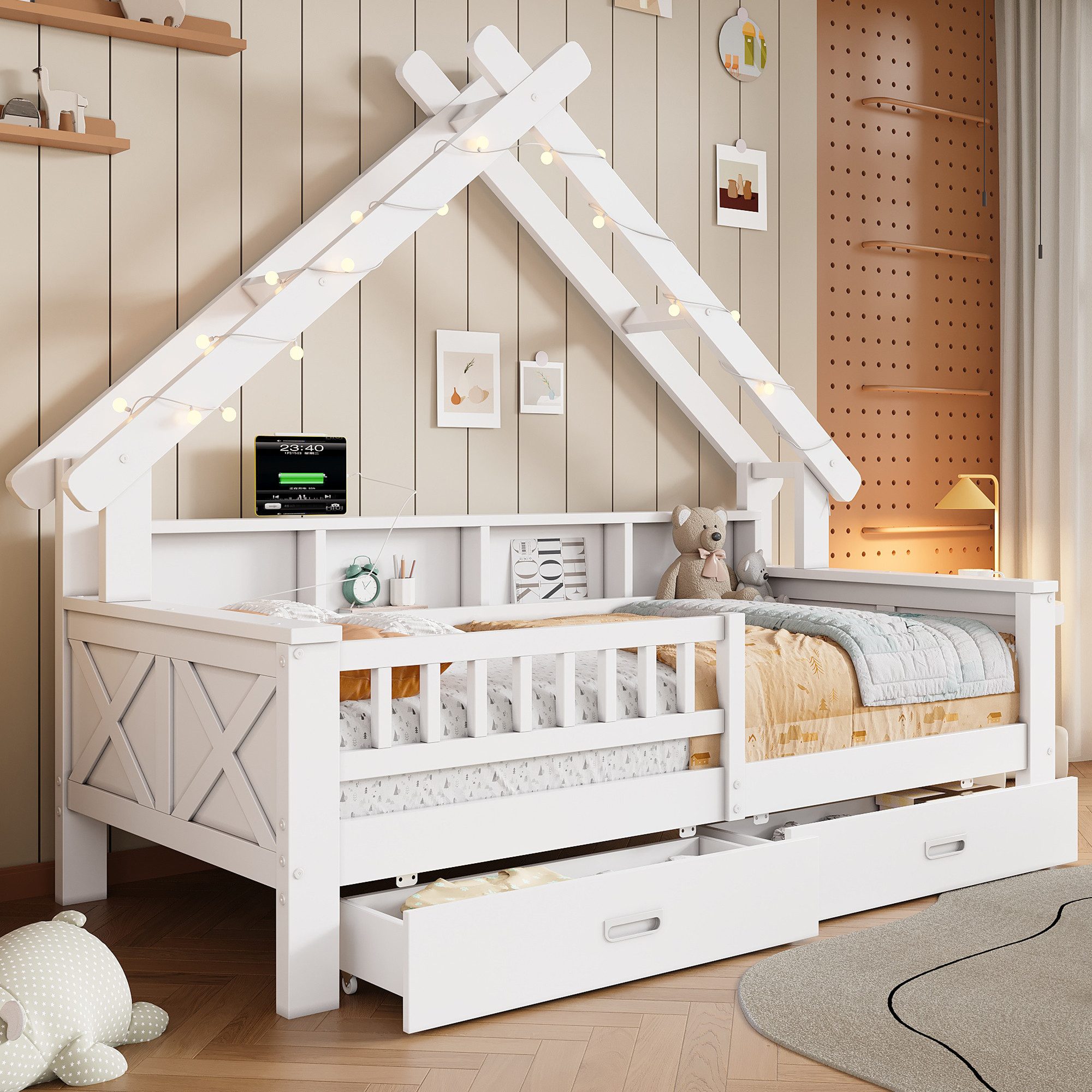 Merax Hausbett in Hausform mit LED-Beleuchtung (1-tlg., Massivholz Jugendbett Einzelbett), Kinderbett 90x200cm mit 2 Schubladen Staufächern Schutzgitter Staurau – Bild 3 von 5