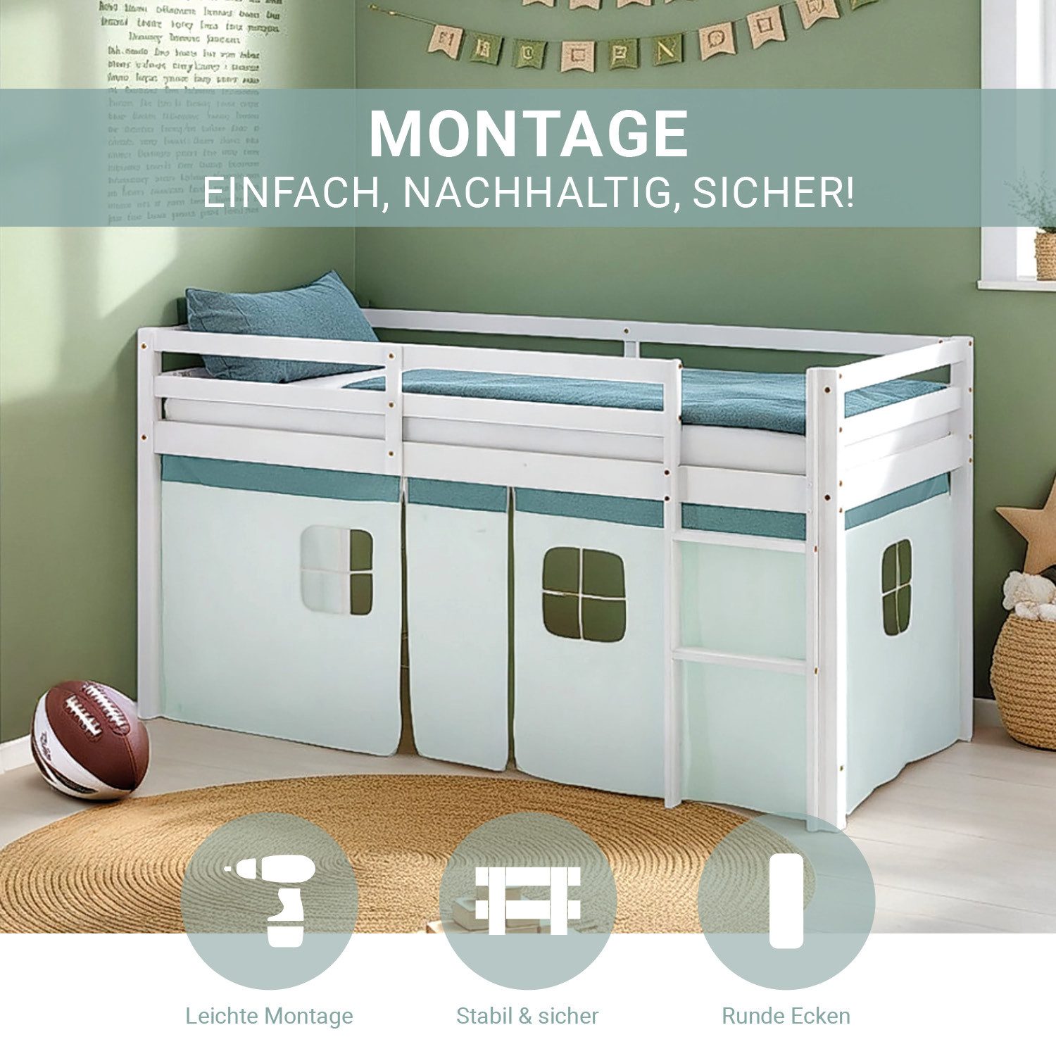 Homestyle4u Hochbett Kinderbett 90x200 Spielbett Kiefer Jungen Weiß Grün Mint Vorhang (Komplett-Set mit Lattenrost, Matratze mit OEKO-TEX® Standard 100) mit Rausfallschutz, Junge