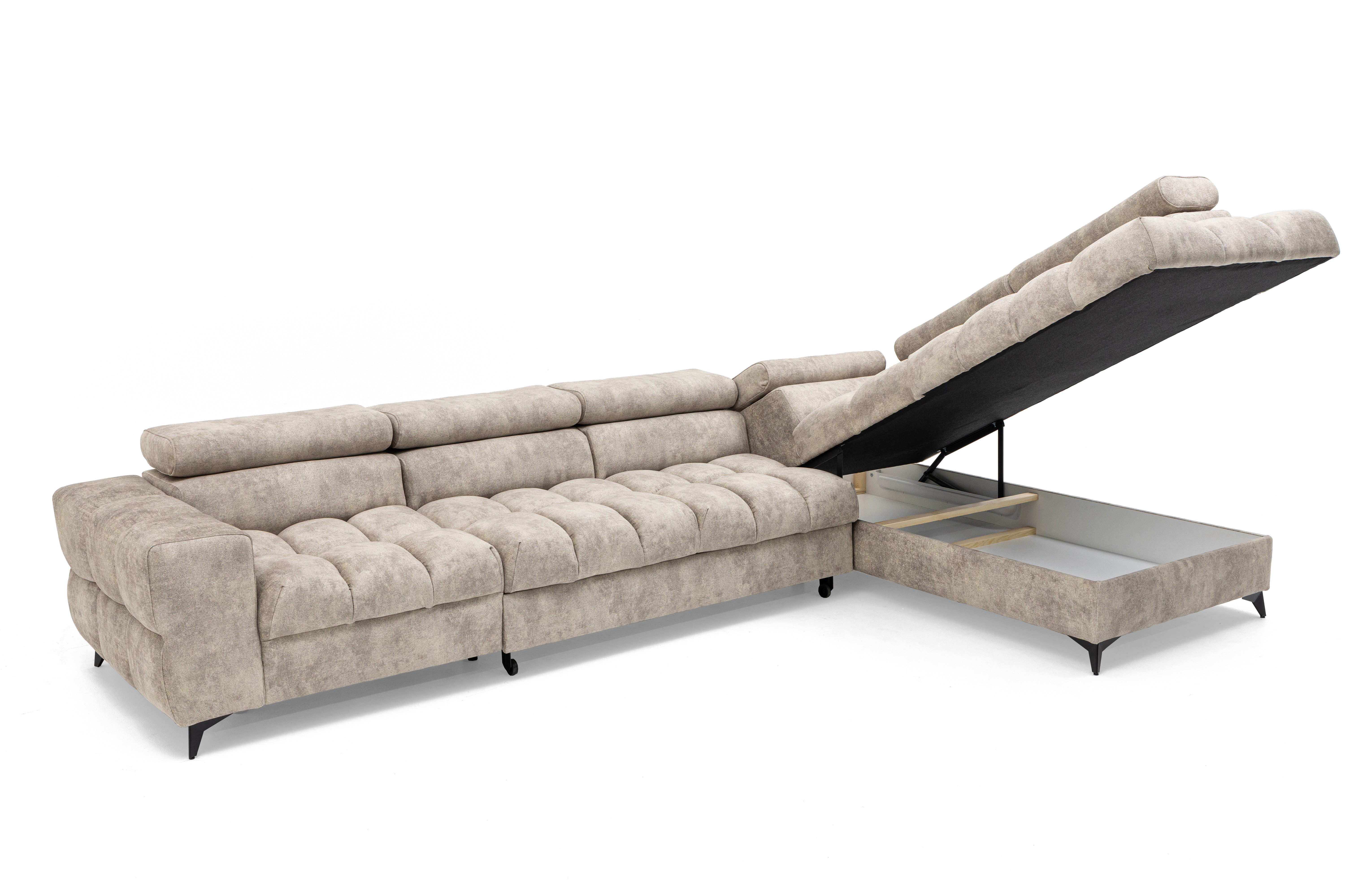 Muffo Ecksofa Pudding Maxi, Elegante starke Steppung, mit Bettkasten, verstellbaren Kopfstützen, mit Schalffunktion