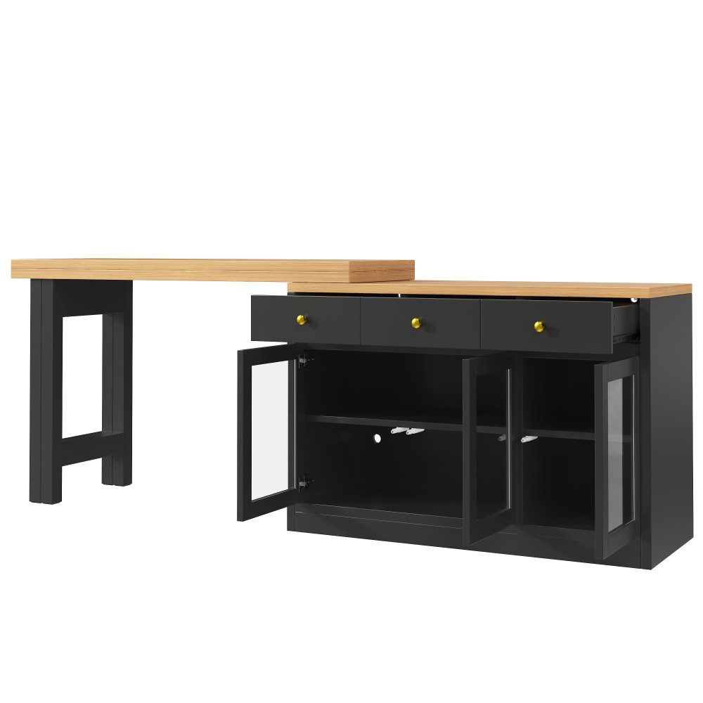 BBG Kücheninsel Ausziehbare Kücheninsel mit LED RGB & App-Steuerung,120–200cm Esstisch, 3 Schubladen & Glastüren, Multifunktionale Küchenbar, MDF