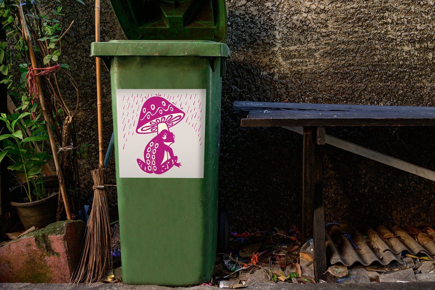 Wandsticker St), (1 Mülleimer-aufkleber, MuchoWow Mülltonne, Abfalbehälter Frosch Container, - Rosa Pilz Sticker, -