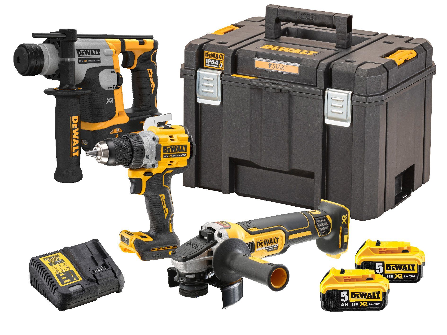 DeWalt Elektrowerkzeug-Set DCK355P2T-QW Akku-Kombopack 18V, Bohrschrauber, Bohrhammer, 2x 5Ah Li-Ionen Akku, Ladegerät, T STAK-Box VI, Winkelschleifer