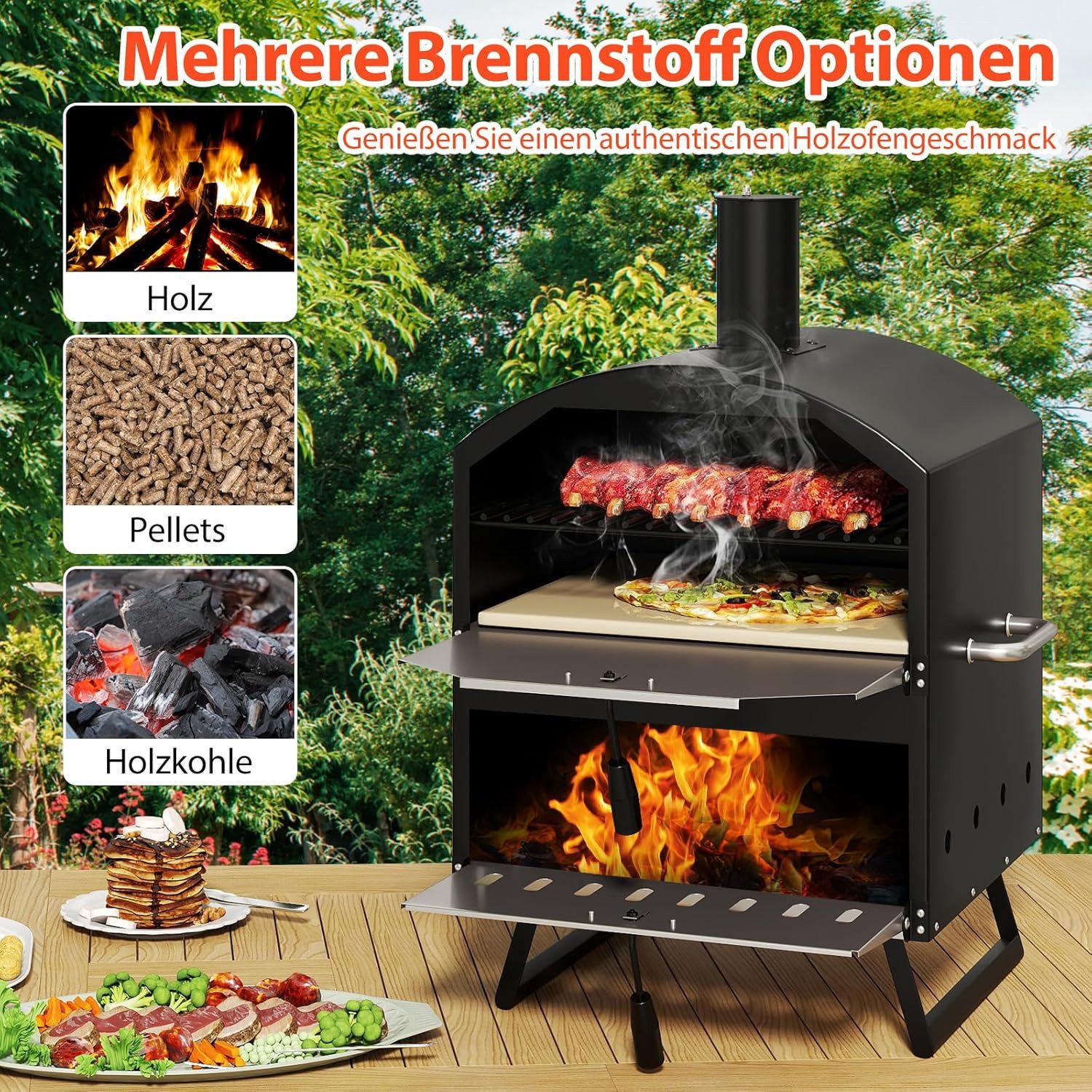 KOMFOTTEU Pizzaofen doppelwandiger Pizza Ofen, mit Pizzaschaufel, Backrost und Pizzastein
