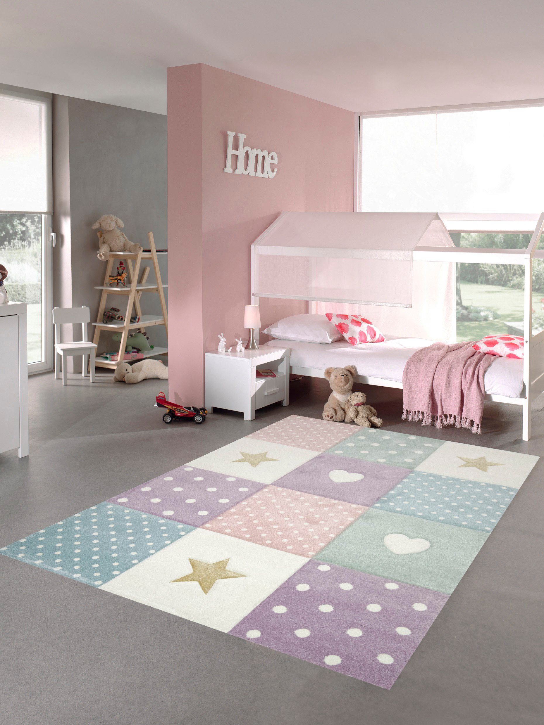 Kinderteppich Kinderzimmer Teppich Spielteppich Herz Stern Punkte Design creme rosa blau, Teppich-Traum, rechteckig, Höhe: 13 mm