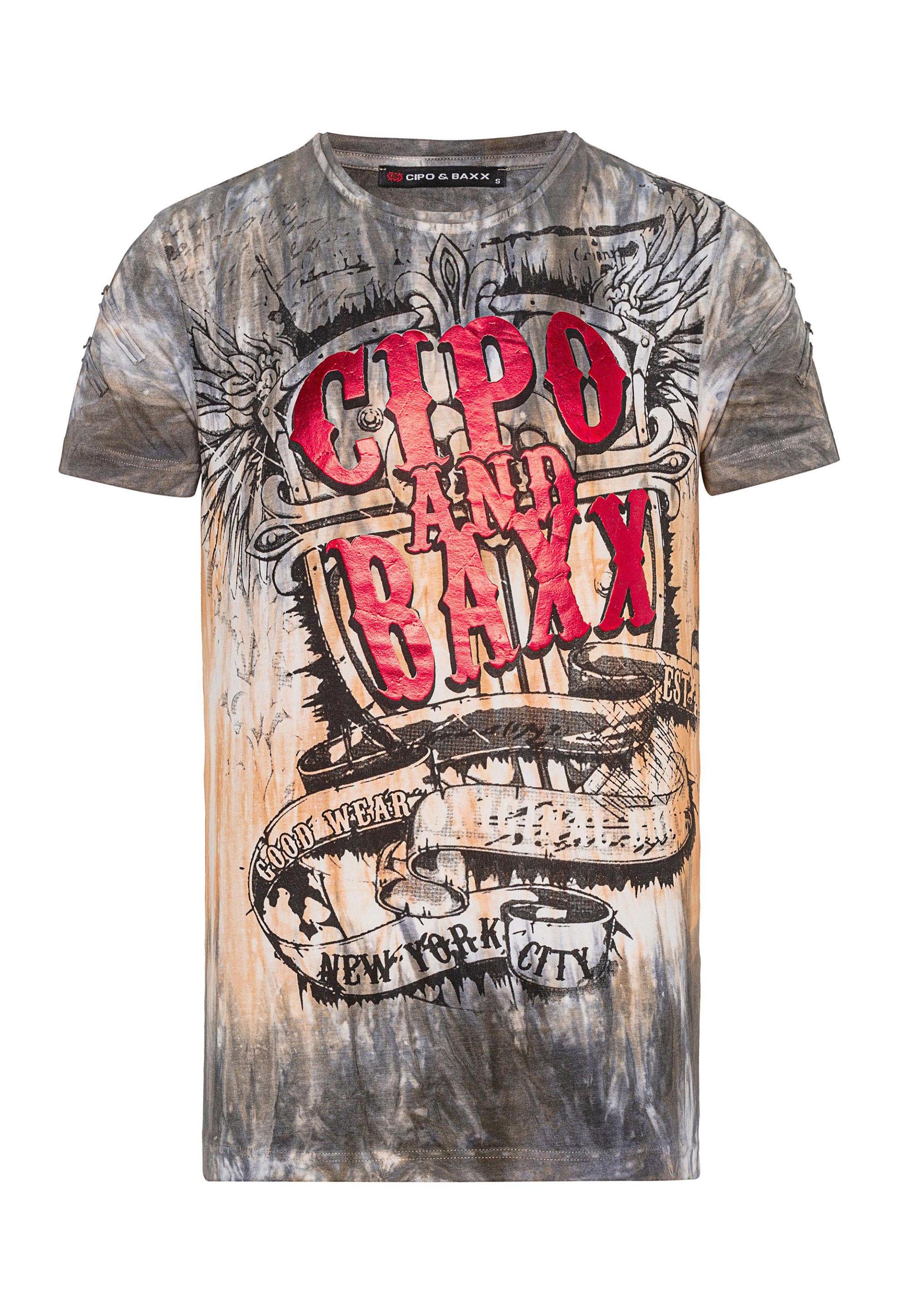 Cipo T-Shirt Schriftzugprints großen mit & Baxx grau-pink