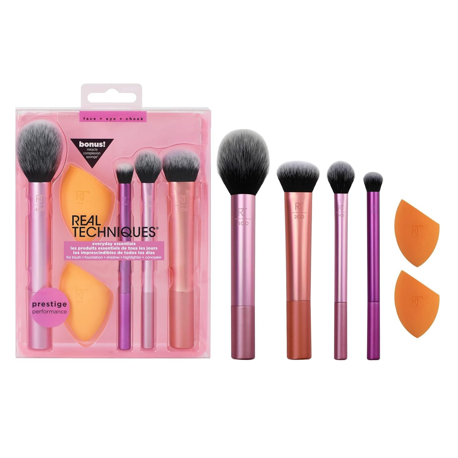 Real Techniques Make-up Set Everyday Essentials Komplett-Set für einen makellosen Make-up-Look, 6-tlg., für Foundation, Rouge, Bronzer, Lidschatten & Puder, 5-teiliges Pinsel- & Schwamm-Set