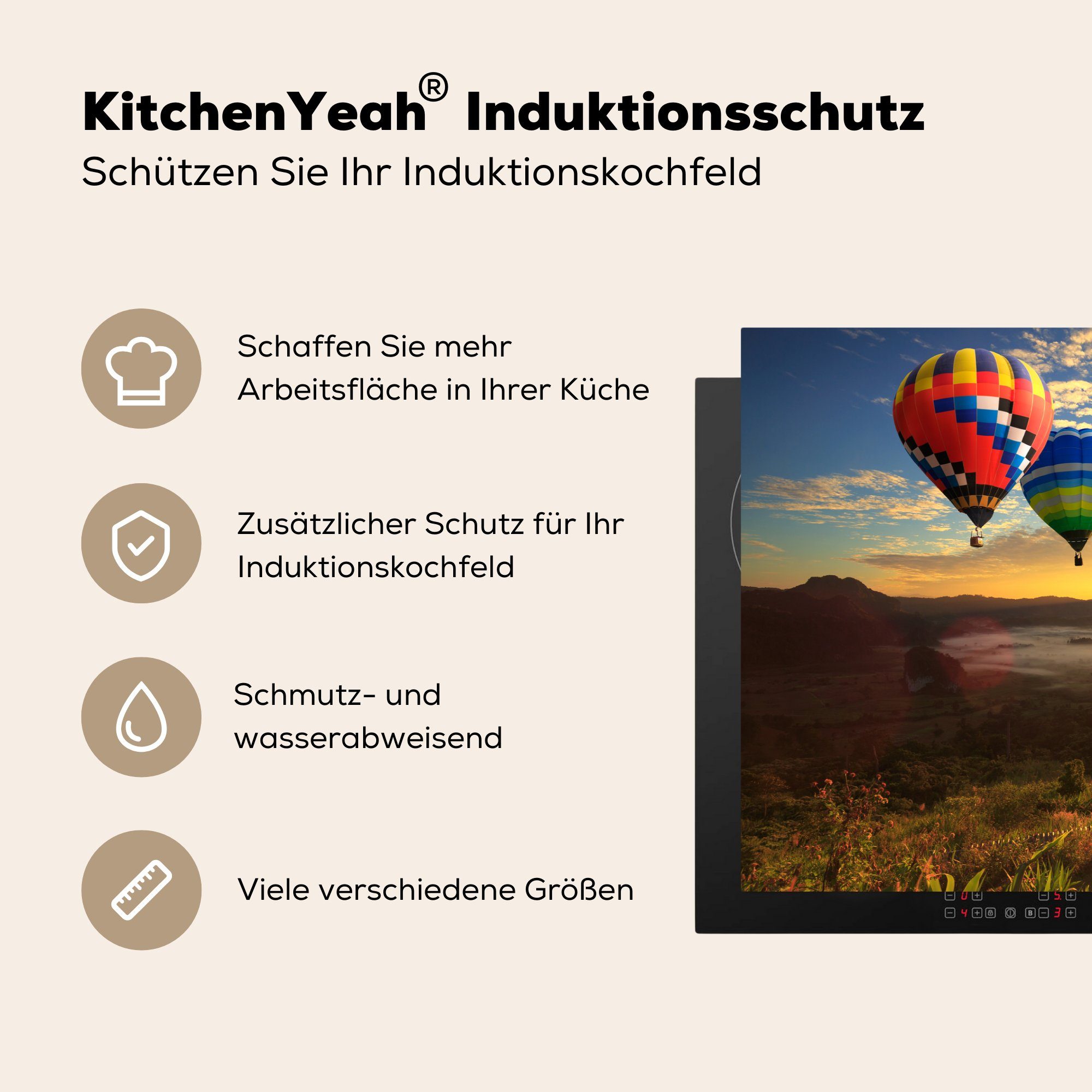 Wolken, 81x52 Induktionskochfeld - tlg), Heißluftballon Vinyl, für die küche, - (1 cm, Herdblende-/Abdeckplatte MuchoWow Schutz Ceranfeldabdeckung Sonne