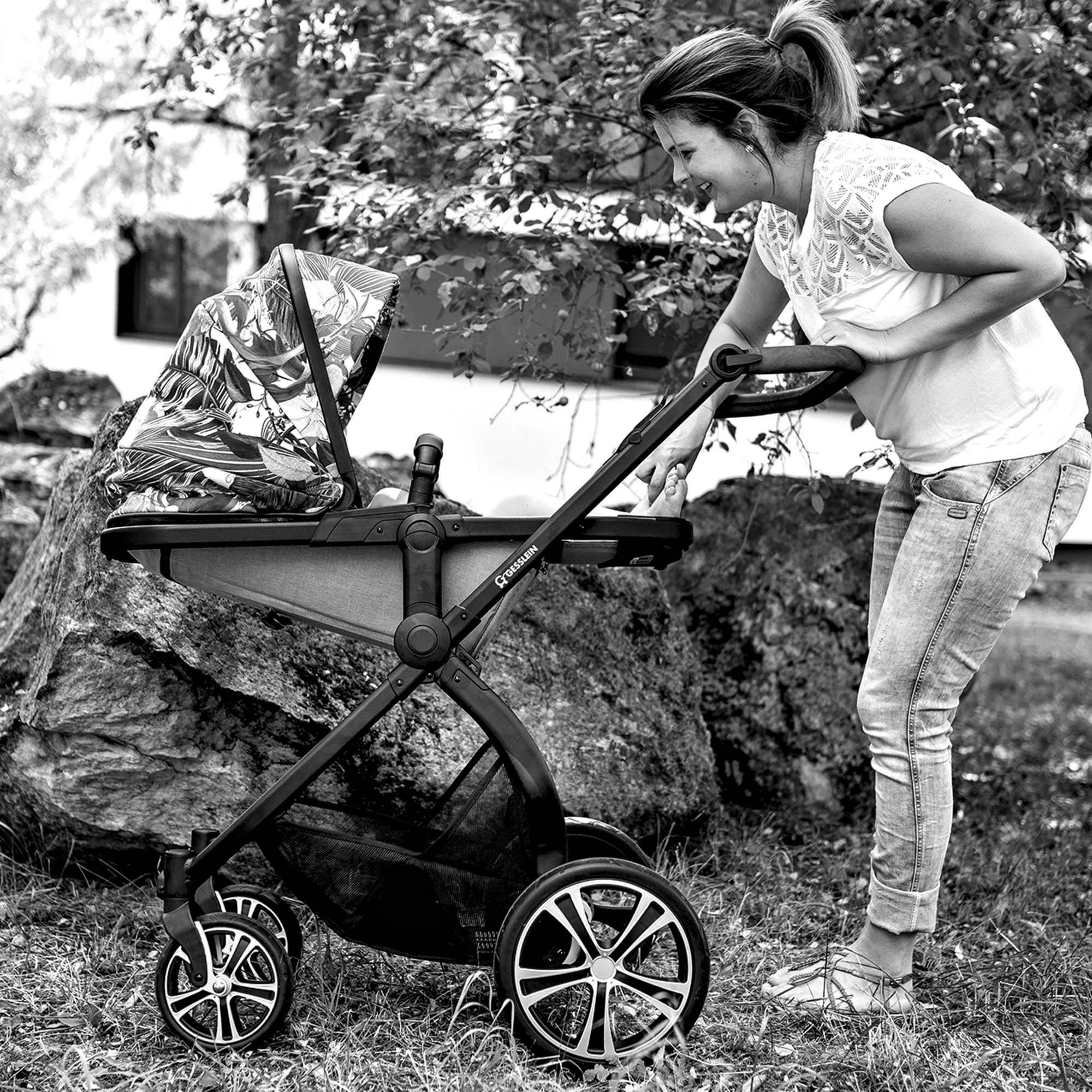 Kombi-Kinderwagen FX4 Babywanne mit Gesslein Aufsatz Soft+ schiefergrau, Babyschalenadapter und mit Life, schwarz/cognac, C3