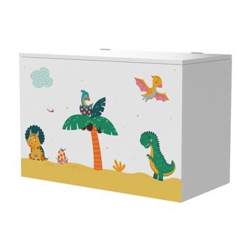 en.casa Spielzeugtruhe, »Oleiros« Dinosaurier-Motiv 40 x 60 x 30 cm Weiß/Grün/Gelb