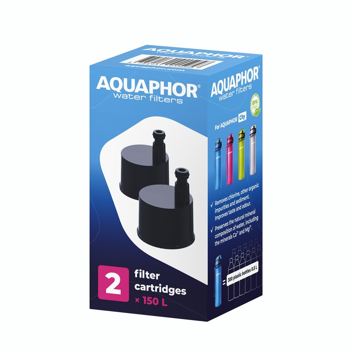 AQUAPHOR Trinkflasche City Filterkartusche 2er Pack, I Für alle Aquaphor CITY Wasserfilter-Flaschen I Filtert beim Trinken