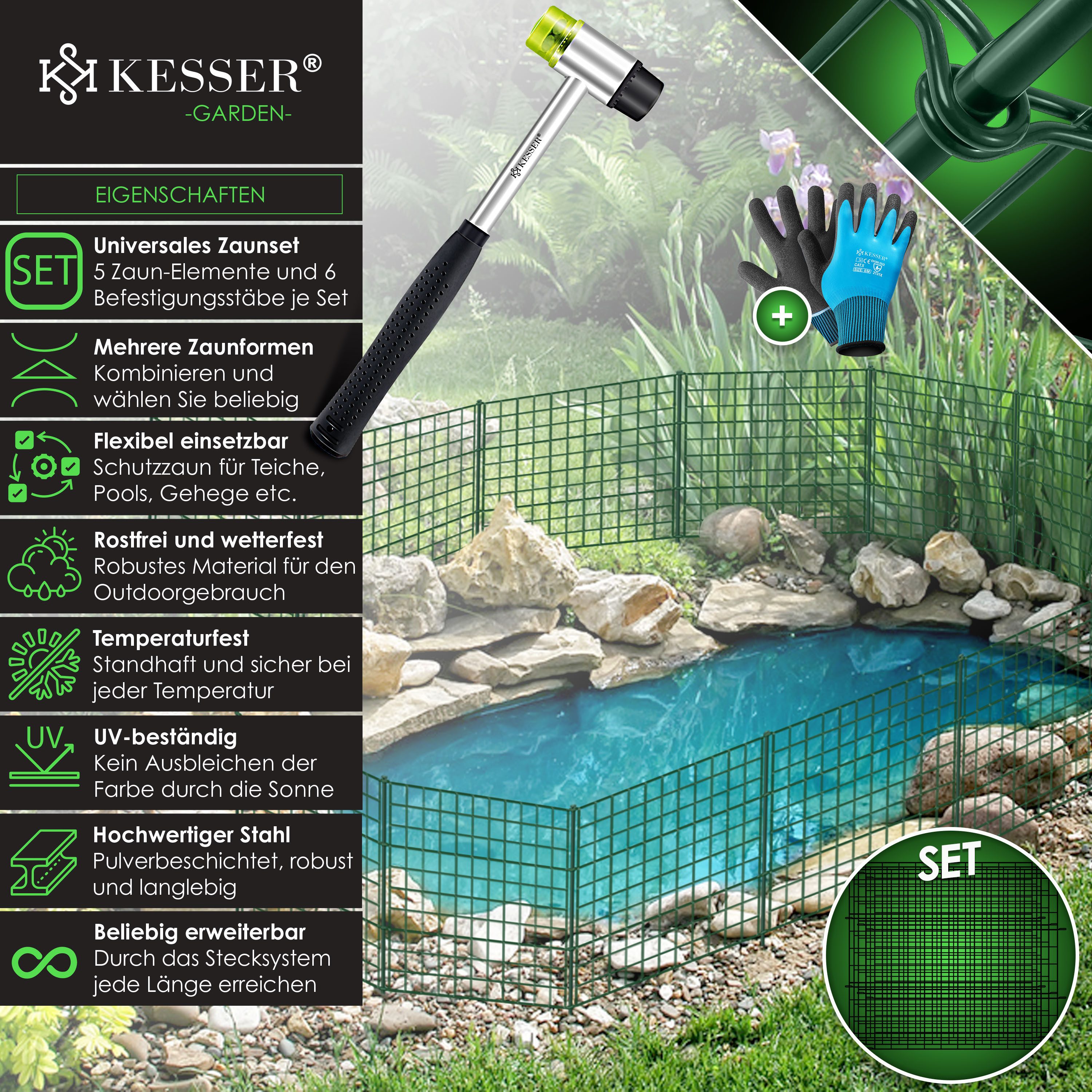 KESSER Zaun Teichzaun Gartenzaun Steckzaun Komplettset Metall Zaun für Garten, (Inkl. Handschuhe, Hammer + Befestigungsstäben), Zaun zum stecken für Garten, Gitterzaun Set Freigehege für Tiere