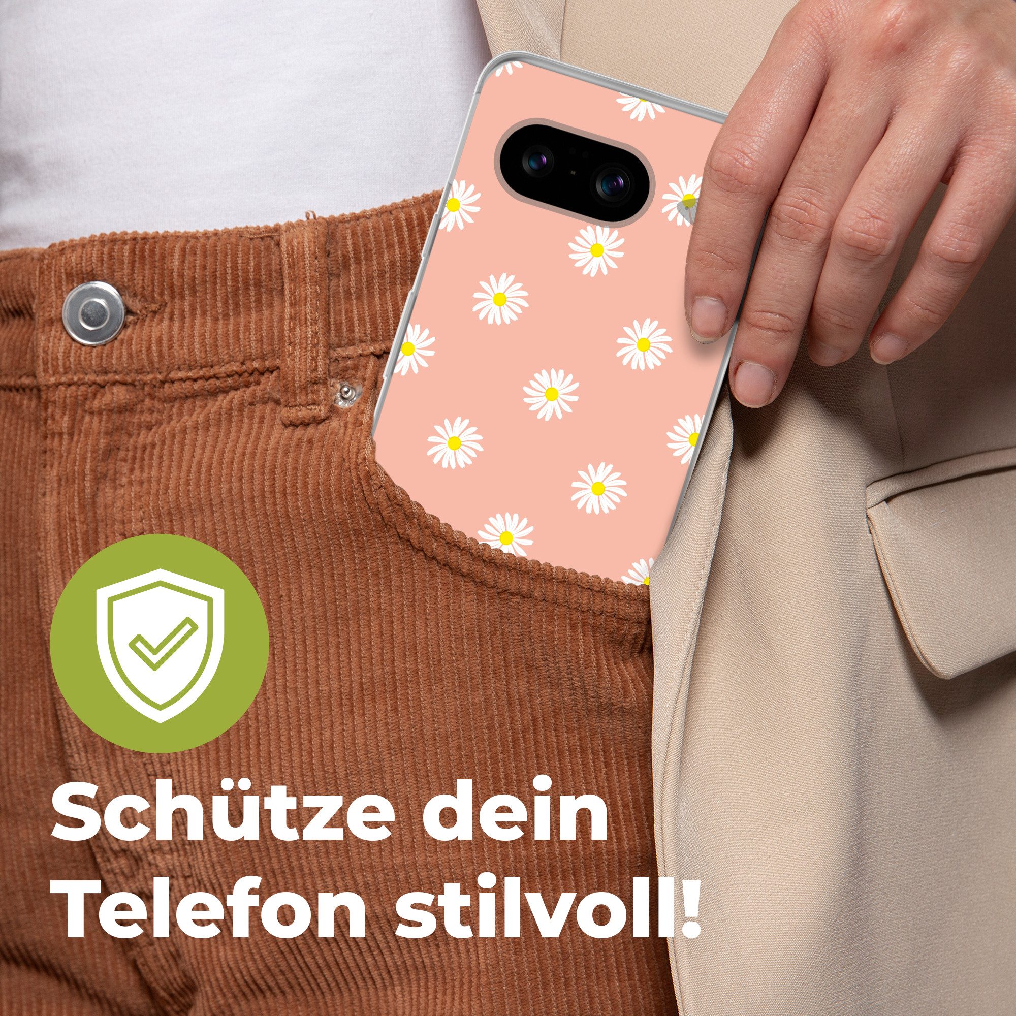 MuchoWow Handyhülle für Google Pixel 8 Gänseblümchen - Pastell - Weiß - Rosa - Blumendruck, Handy Case, Silikon, Bumper Case Dünn
