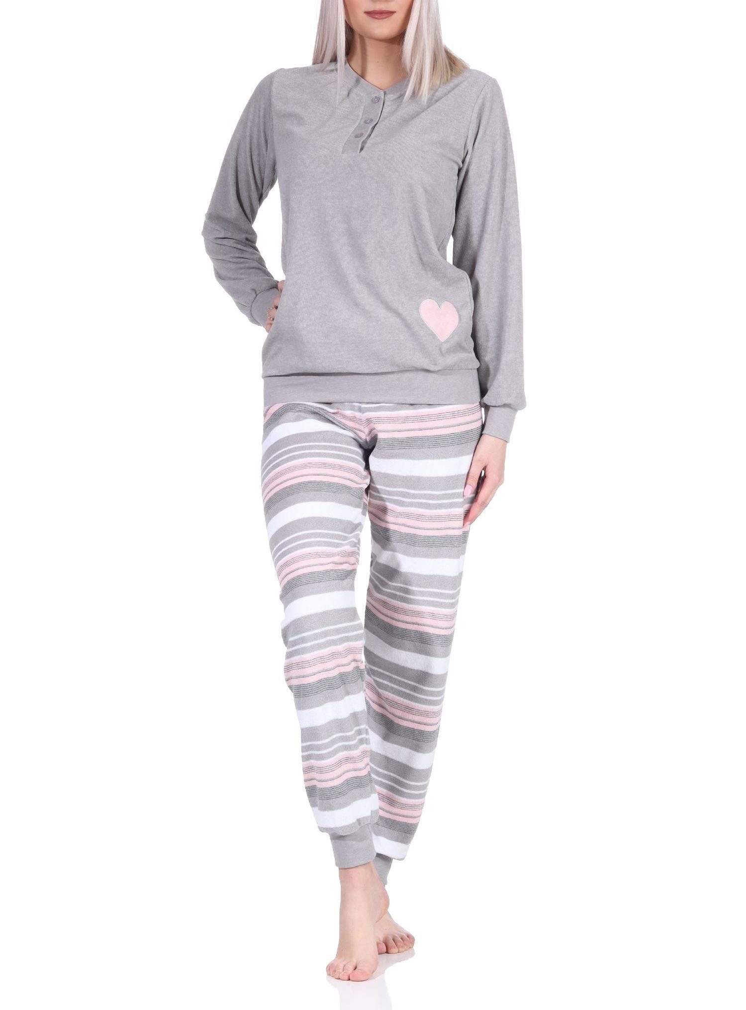 Normann Pyjama Damen Frottee Pyjama mit Bündchen und Herzmotiv und gestreifter Hose