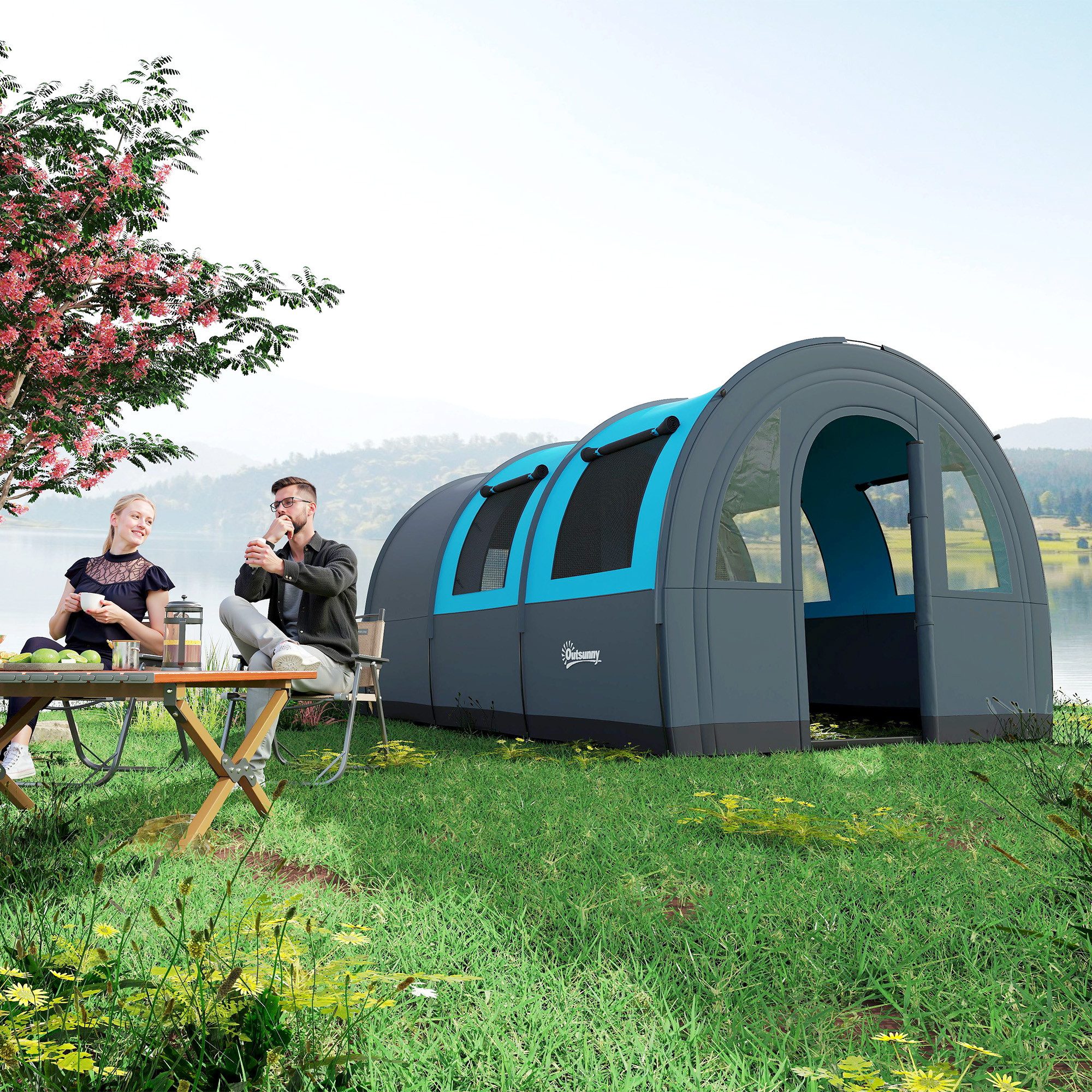 Outsunny Tunnelzelt mit Tragetasche, wasserdicht, Personen: 6 (3000mm wasserabweisend Campingzelt, 1 tlg., Gruppenzelt für 6 Personen), für Garten, Campingplatz, Grau