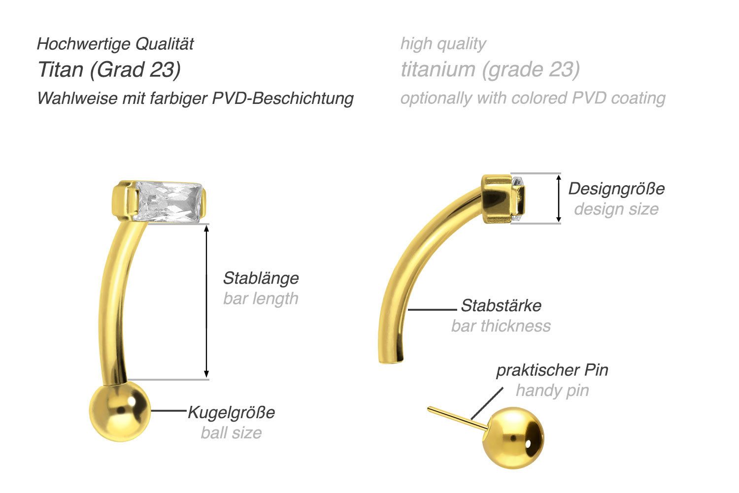 PIERCINGLINE Bauchnabelpiercing Titan Banane mit Push Fit EINGEFASSTES KRISTALLRECHTECK (Bananen, 1-tlg)