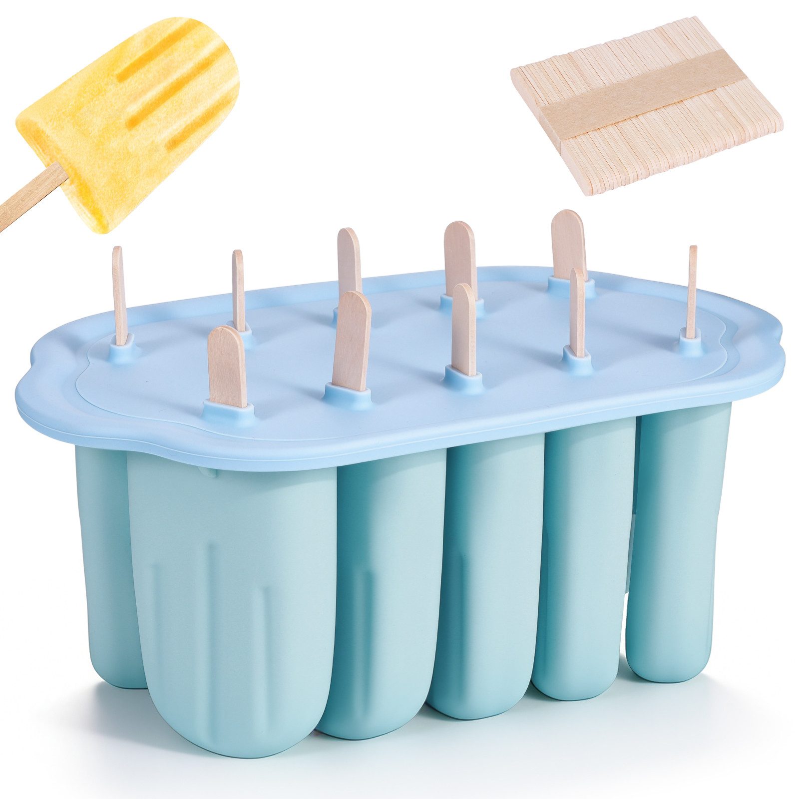 BlingBin Eisform 10 Hohlräume Eisformen Silikon, Eis Am Stiel Formen für Kinder, (1er Set 1-tlg), DIY Popsicle Formen mit 50 Stäbchen für Kinder & Erwachsene
