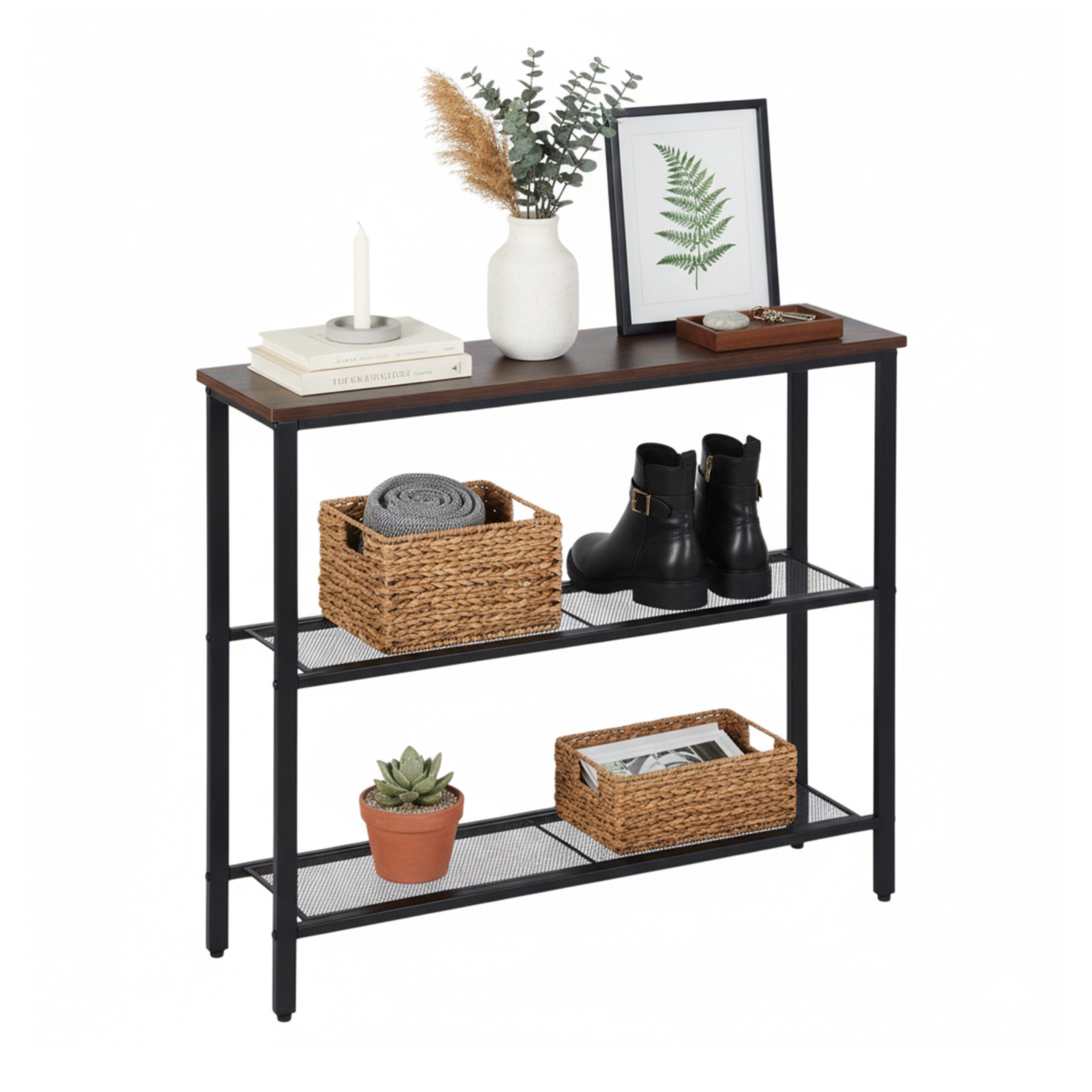 relaxdays Konsolentisch mit 3 Ablage, dunkelbraun