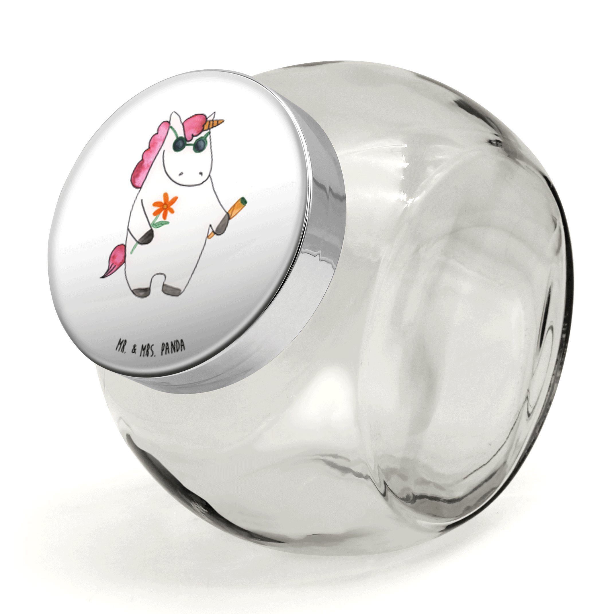 Mr. & Mrs. Panda Vorratsglas XL 2000ml Einhorn Woodstock - Weiß - Geschenk, Vorratsglas, Gewürzdos, Premium Glas, (1-tlg), Mit Motiv