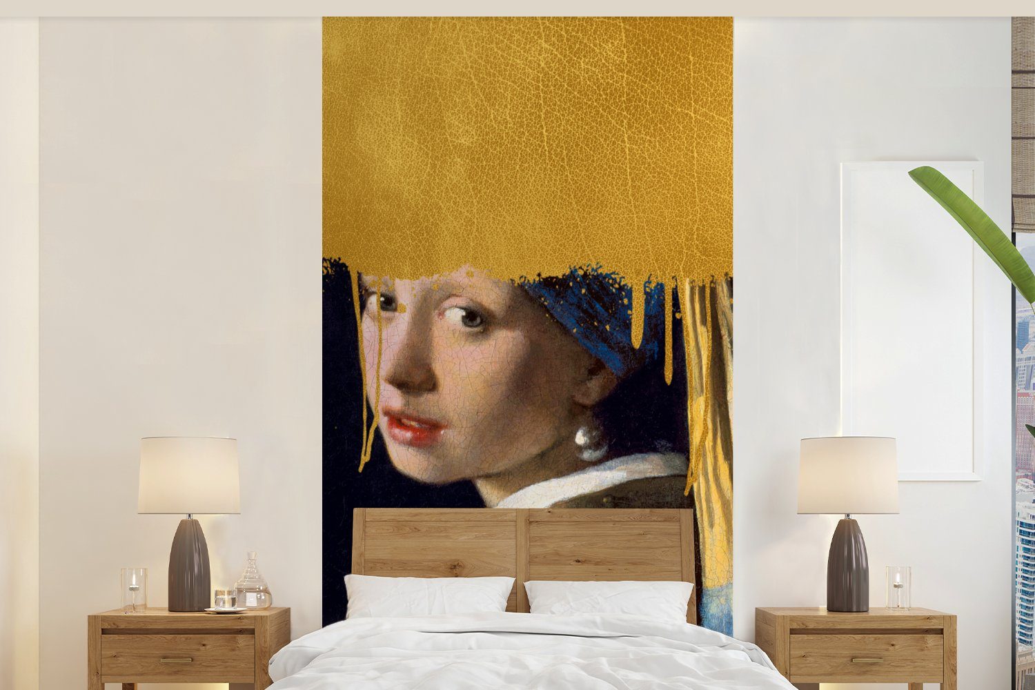 MuchoWow Fototapete Mädchen mit einem Perlenohrring - Gold - Vermeer, Matt, bedruckt, (2 St), Vliestapete für Wohnzimmer Schlafzimmer Küche, Fototapete