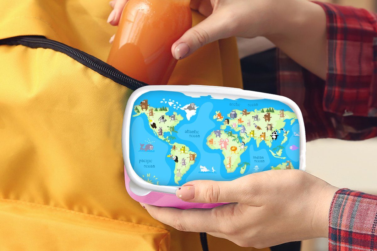 MuchoWow Lunchbox Weltkarte - Kind für Brotbox - rosa - Erwachsene, Tiere Brotdose Jungen Mädchen, Blau Mädchen, Snackbox, Kunststoff Kunststoff, - Kinder, (2-tlg), 