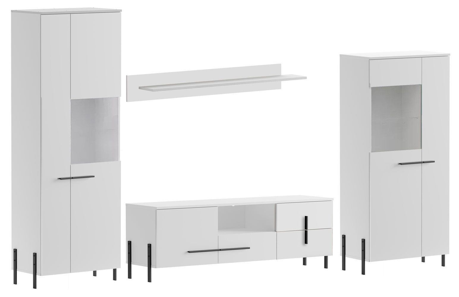 Feldmann-Wohnen Wohnwand Vigo, (2 Vitrinen (2-türig), 1 Lowboard, 1 Wandregal, 0-St., moderne Optik, Kunststoffgriffe, LED-Beleuchtung), 4-teilig; Korpus weiß / Fronten weiß Hochglanz