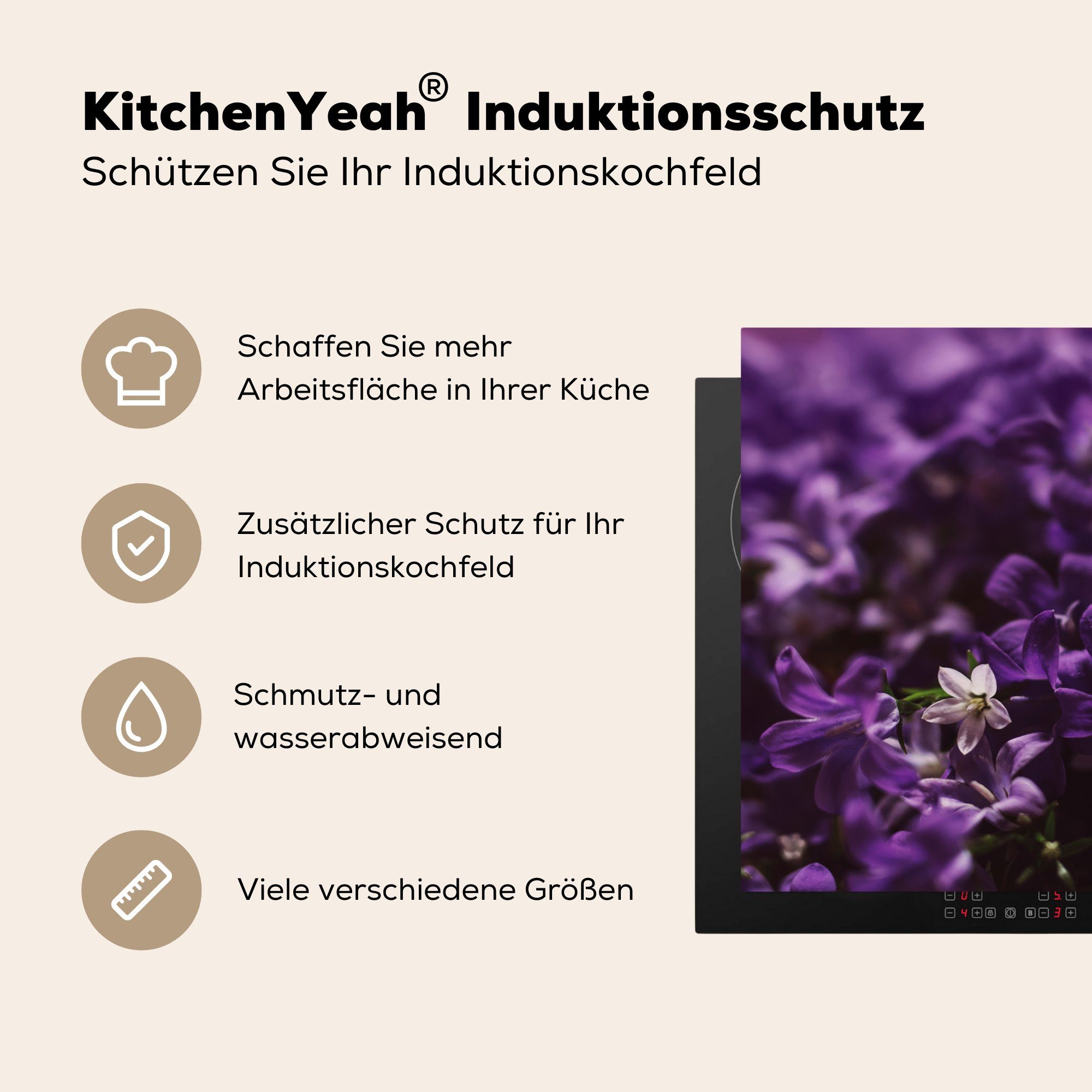 Kleine 81x52 küche, Blume, Schutz Herdblende-/Abdeckplatte Ceranfeldabdeckung (1 die lila Induktionskochfeld tlg), MuchoWow Vinyl, für cm,
