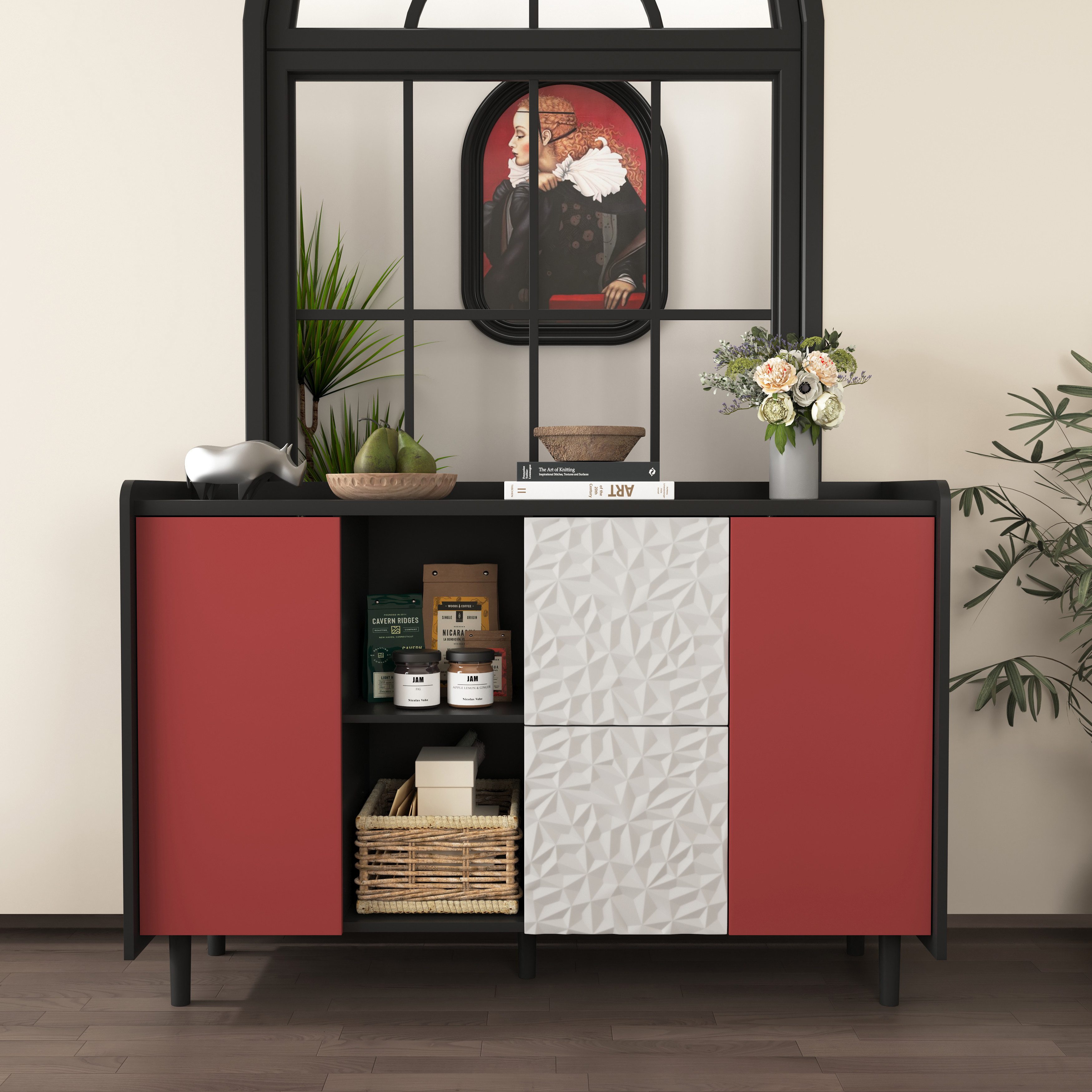 EXTSUD Sideboard Sideboard 120 cm – Schwarz, 2 Schubladen & Schrank