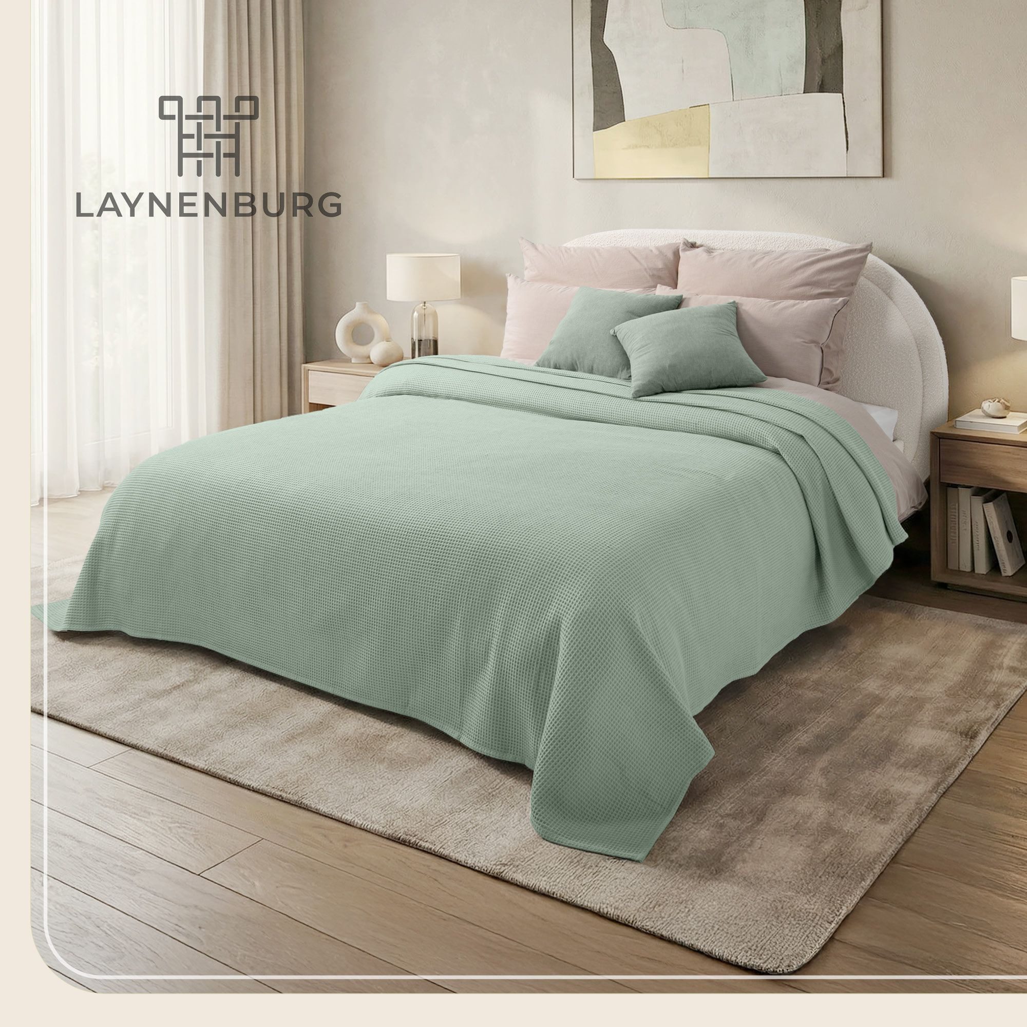 Laynenburg Tagesdecke Waffelpique aus 100% Baumwolle – Baumwolldecke, Kuscheldecke, Wohndecke als Sommerdecke, Bett-Überwurf, Couch-Überwurf, Sofa-Decke