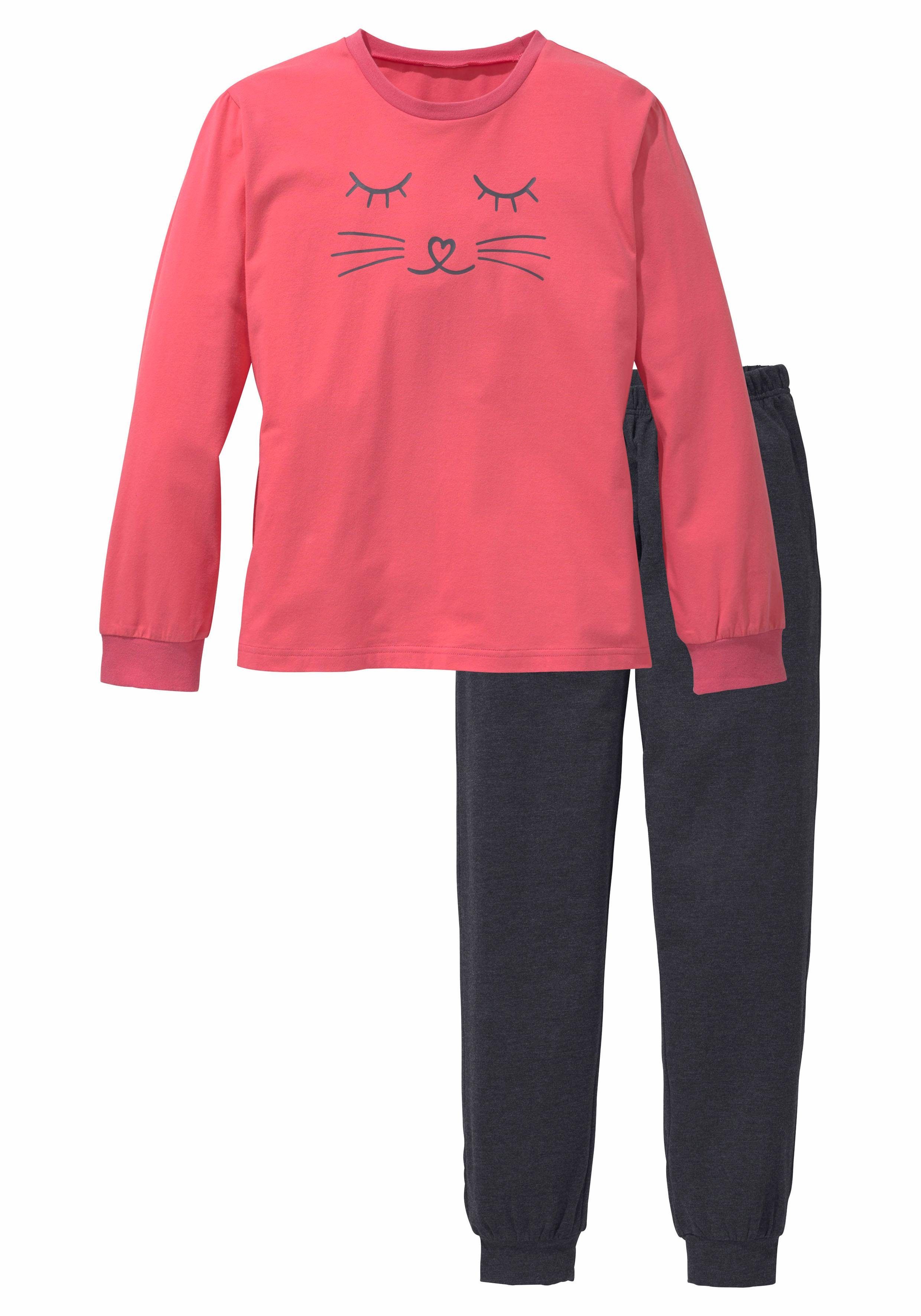 Vivance Pyjama (2 tlg., 1 Set) langer Schlafanzug, mit Katzendruck, aus Baumwolle