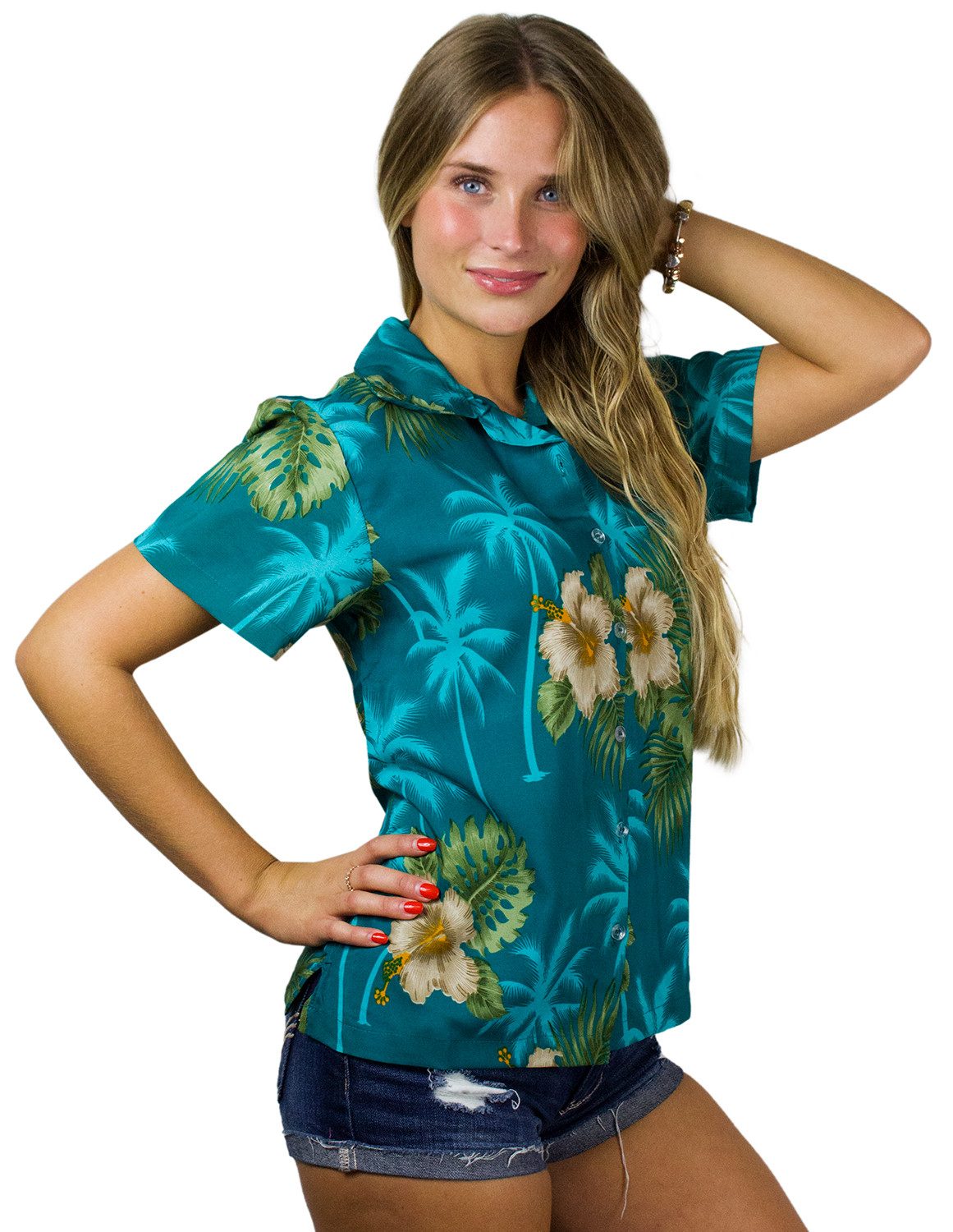 King Kameha Hawaiihemd Small Flower Funky Hawaiibluse Damen Kurzarm Front-Tasche Stylish