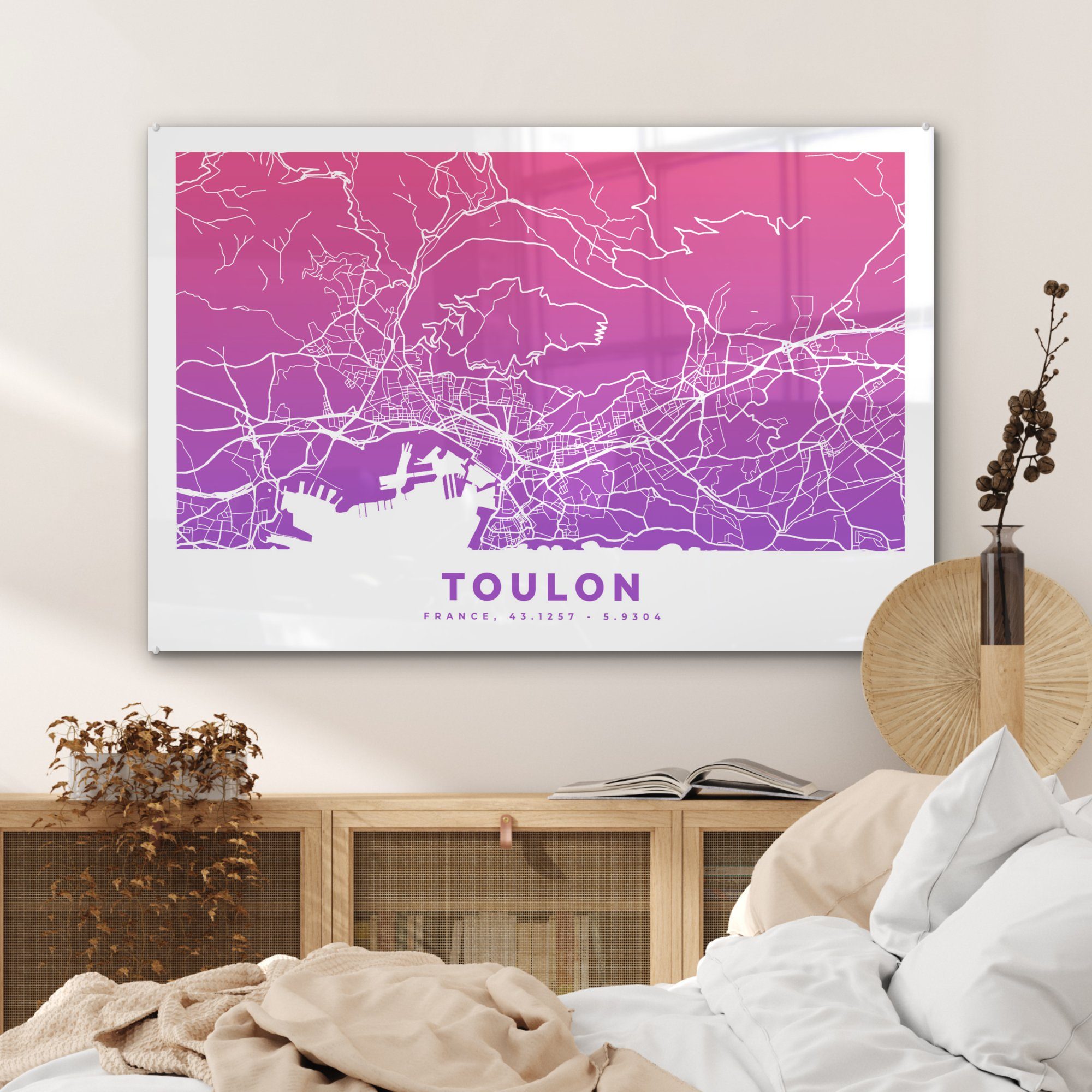 MuchoWow Acrylglasbild Frankreich - Wohnzimmer & Acrylglasbilder Toulon Stadtplan, Schlafzimmer - St), (1