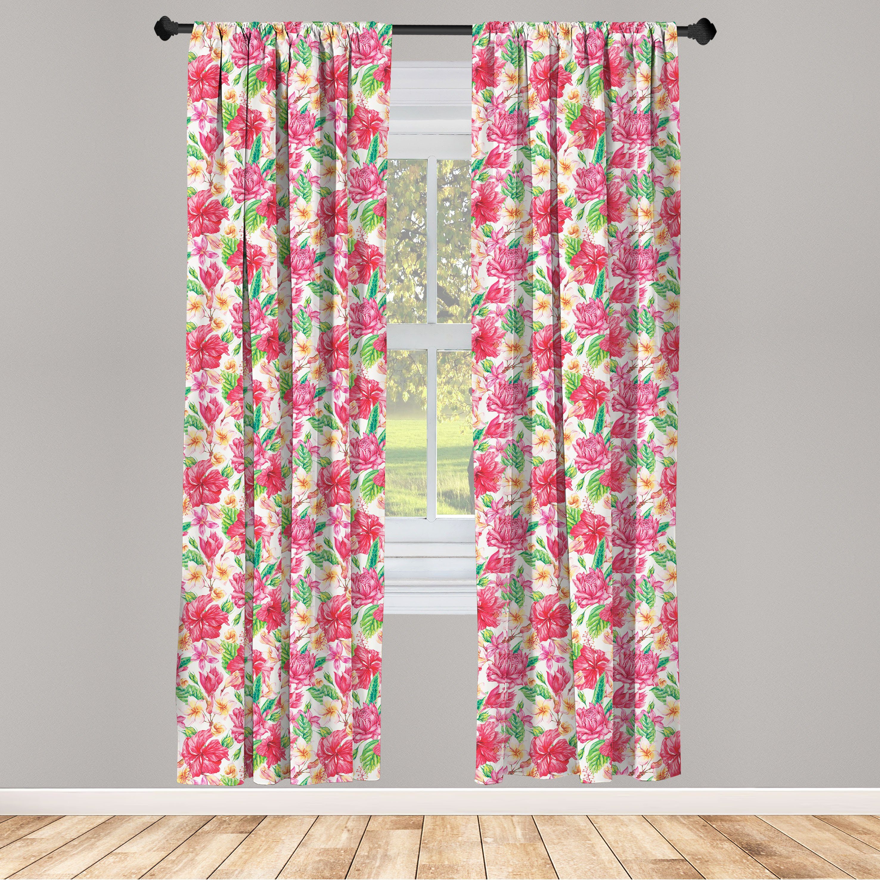 Gardine Vorhang für Wohnzimmer tropische Dekor, Hibiskus Abakuhaus, Sommer Schlafzimmer Blumen Microfaser
