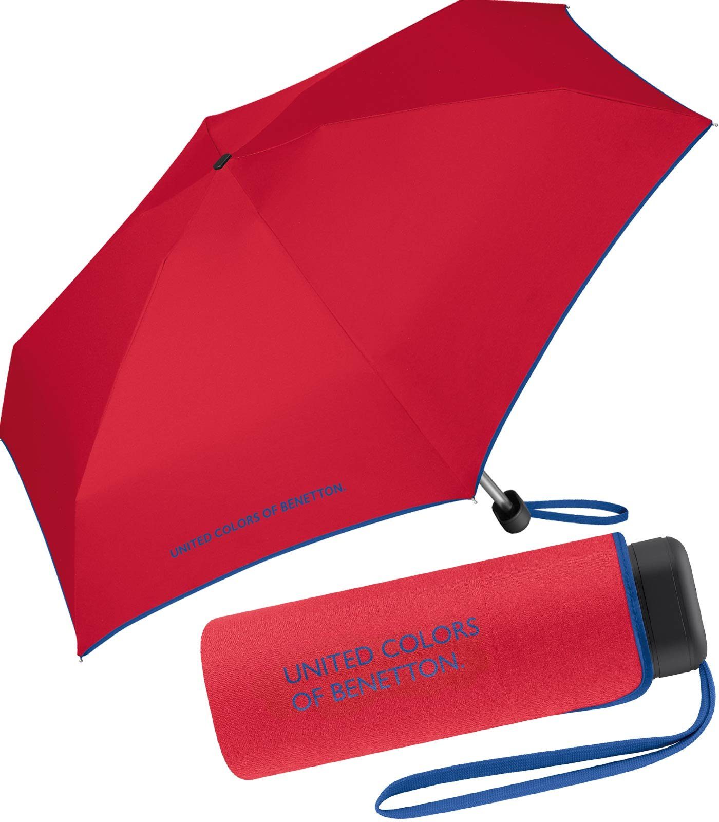 United Colors of - mit Schirmrand Taschenregenschirm winziger Handöffner, mit Kontrastfarben am rot-blau Benetton Damen-Regenschirm