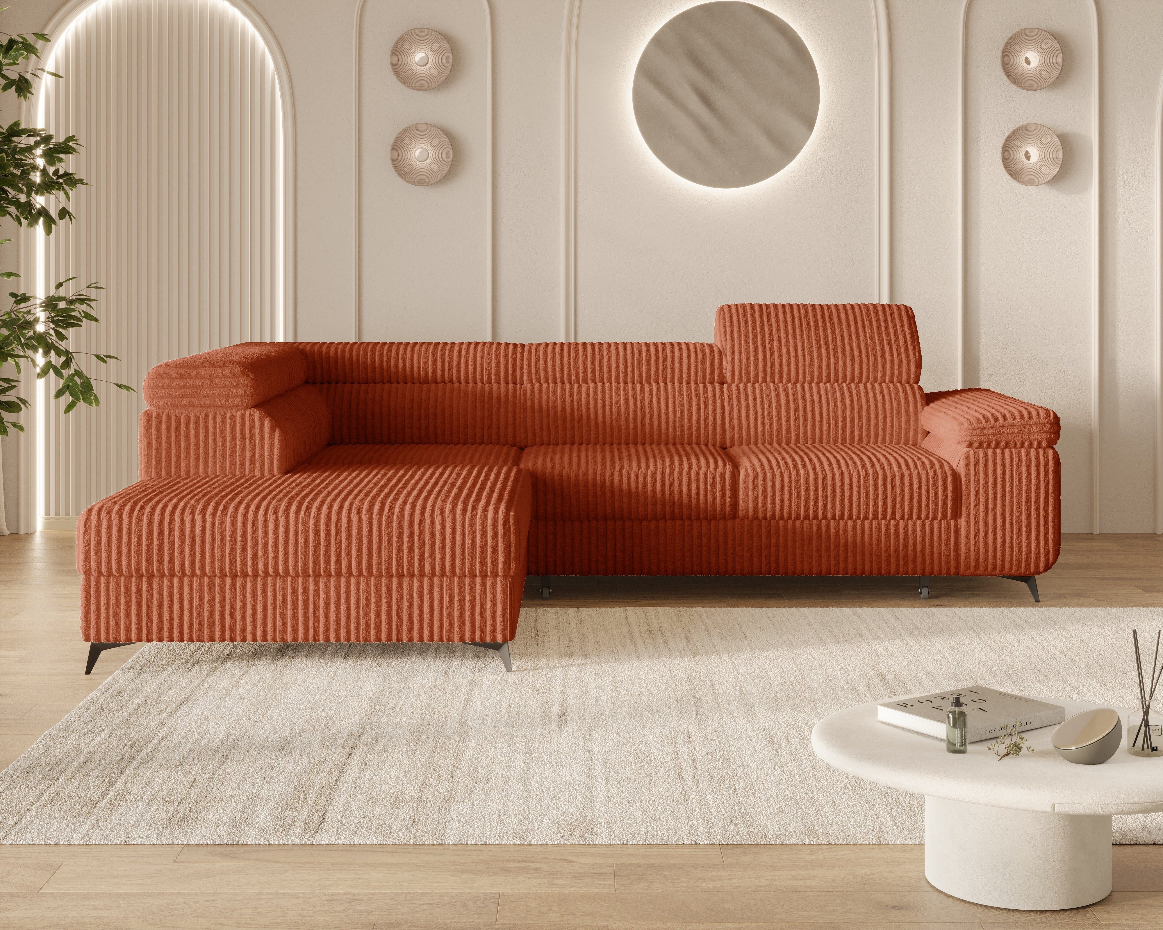 MOEBLO Ecksofa OSTIN, 290 cm – Modernes L-Sofa mit Schlaffunktion, Bettkasten und verstellbaren Kopfstützen, Cord oder Strukturstoff, - (BxHxT): 290 x 75–90 x 202 cm