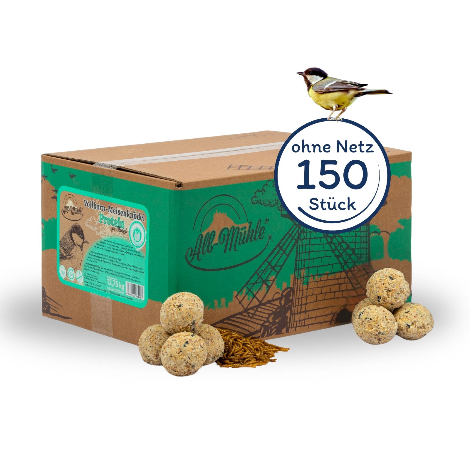 Lyra Pet 150 Stk. Lyra Pet® Meisenknödel Alb-Mühle Protein Mehlwürmer ohne Netz Vogelfutter, für: Wildvogel