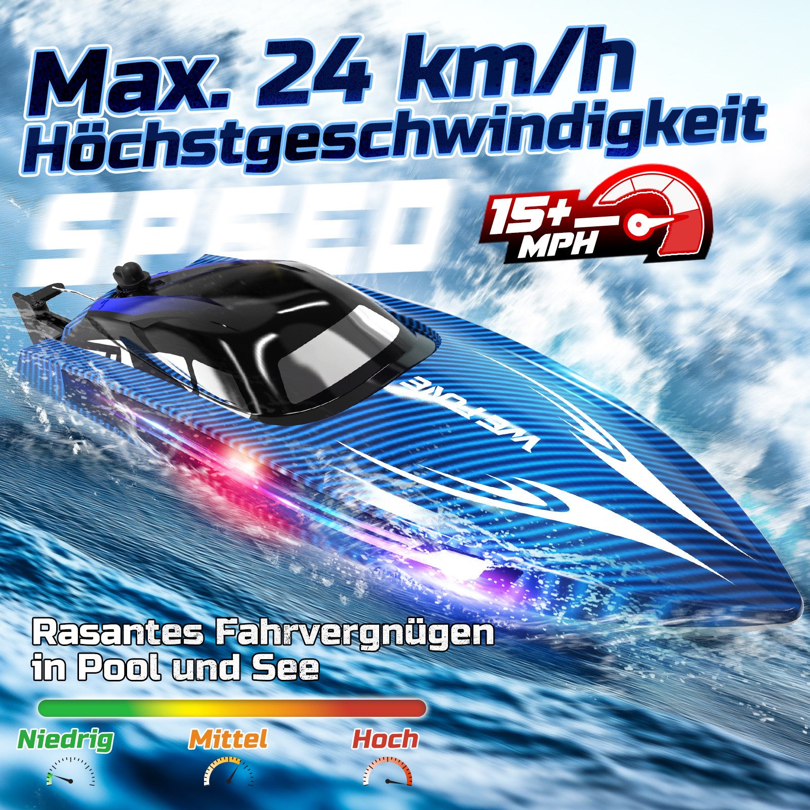 WEFONE RC-Boot für Kinder mit bis zu 24 km/h, 2,4 GHz Fernsteuerung, kentersicher (1-tlg), LED-Beleuchtung & bis zu 40 Min. Fahrzeit