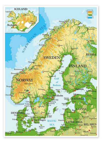 Posterlounge Poster Editors Choice, Skandinavien, Topographische Karte (Englisch), Klassenzimmer Illustration