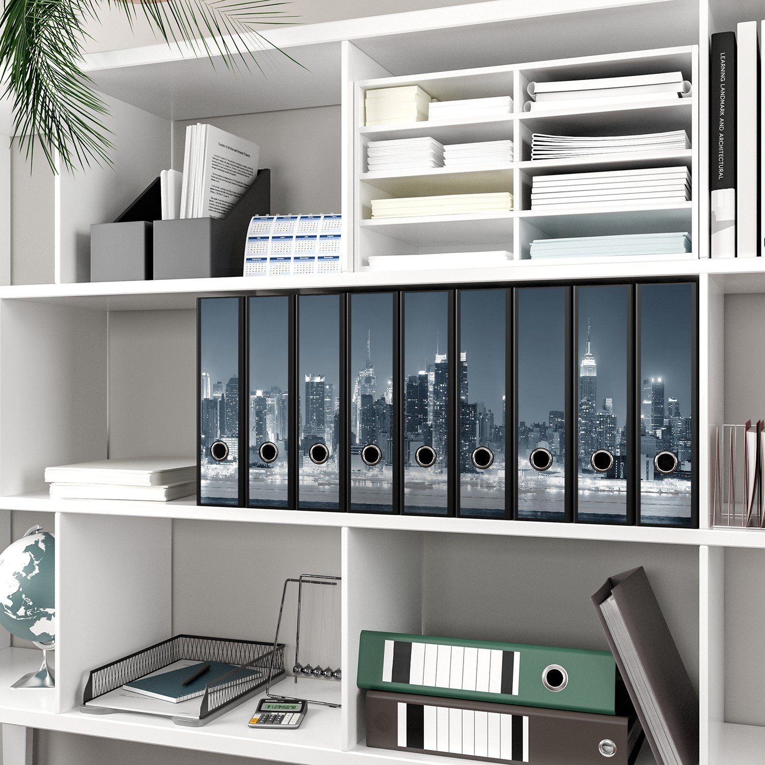 Thumbnail - Wallario Etiketten New York Skyline - Schwarz Weiß Blau, Ordnerrücken-Sticker in verschiedenen Ausführungen