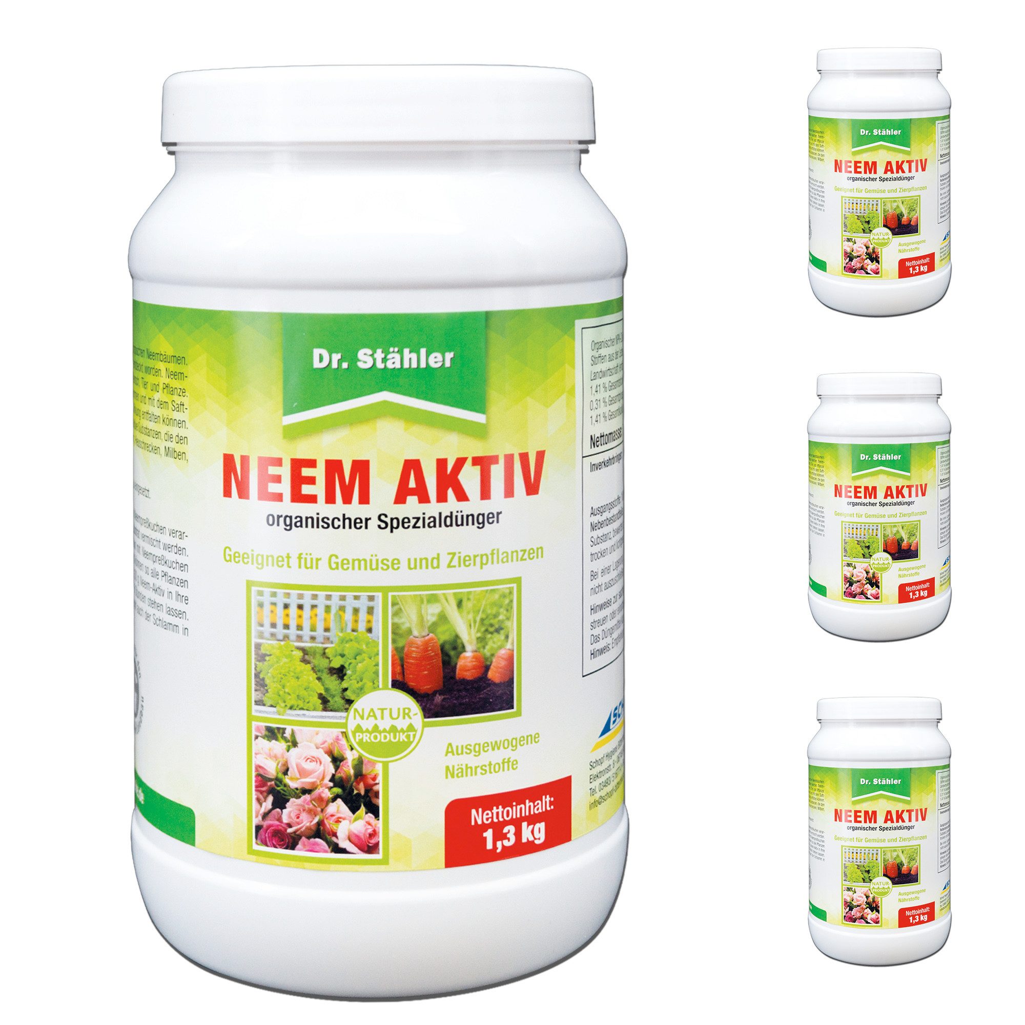 Dr. Stähler Pflanzgranulat Neem Aktiv - Spezialdünger-Granulat für Gemüse und Zierpflanzen, mit Hochwirksamer Spezialdünger für optimales Pflanzenwachstum, (4 x 1,3 kg Neem Dünger Granulat für Beet, Topf & Gießlösung, 4-St., Neem Dünger – Für kräftiges Pflanzenwachstum & gesunden Boden), Neem Spezialdünger – Für Gemüse, Zierpflanzen & Gartenbeete