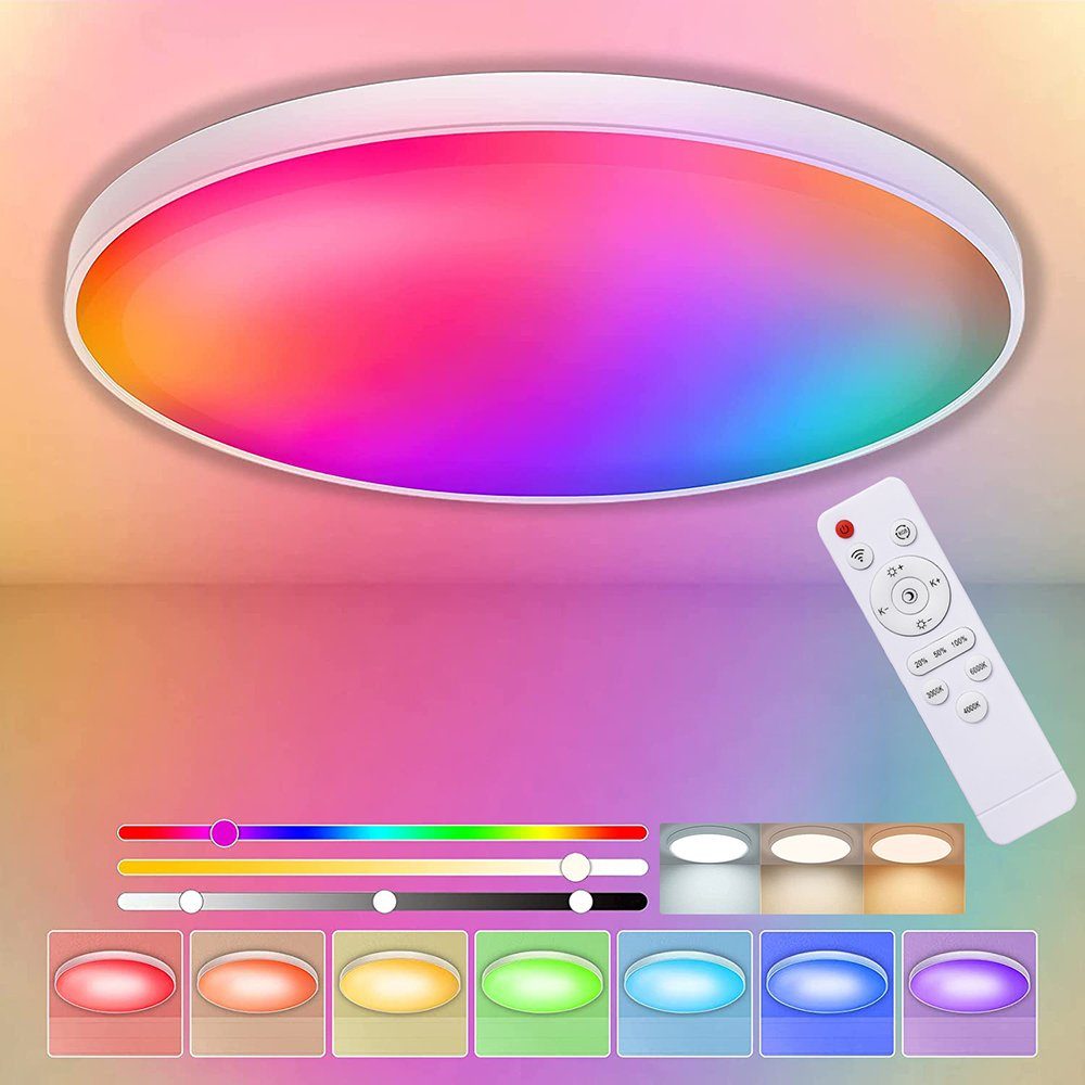 Rosnek LED Deckenleuchte Ø30CM, 24W, RGB, Flush Mount, für Schlafzimmer Bad Küche, Weiß/Naturweiß/Kaltweißes Licht, 6 RGB-Farben, Fernbedienung